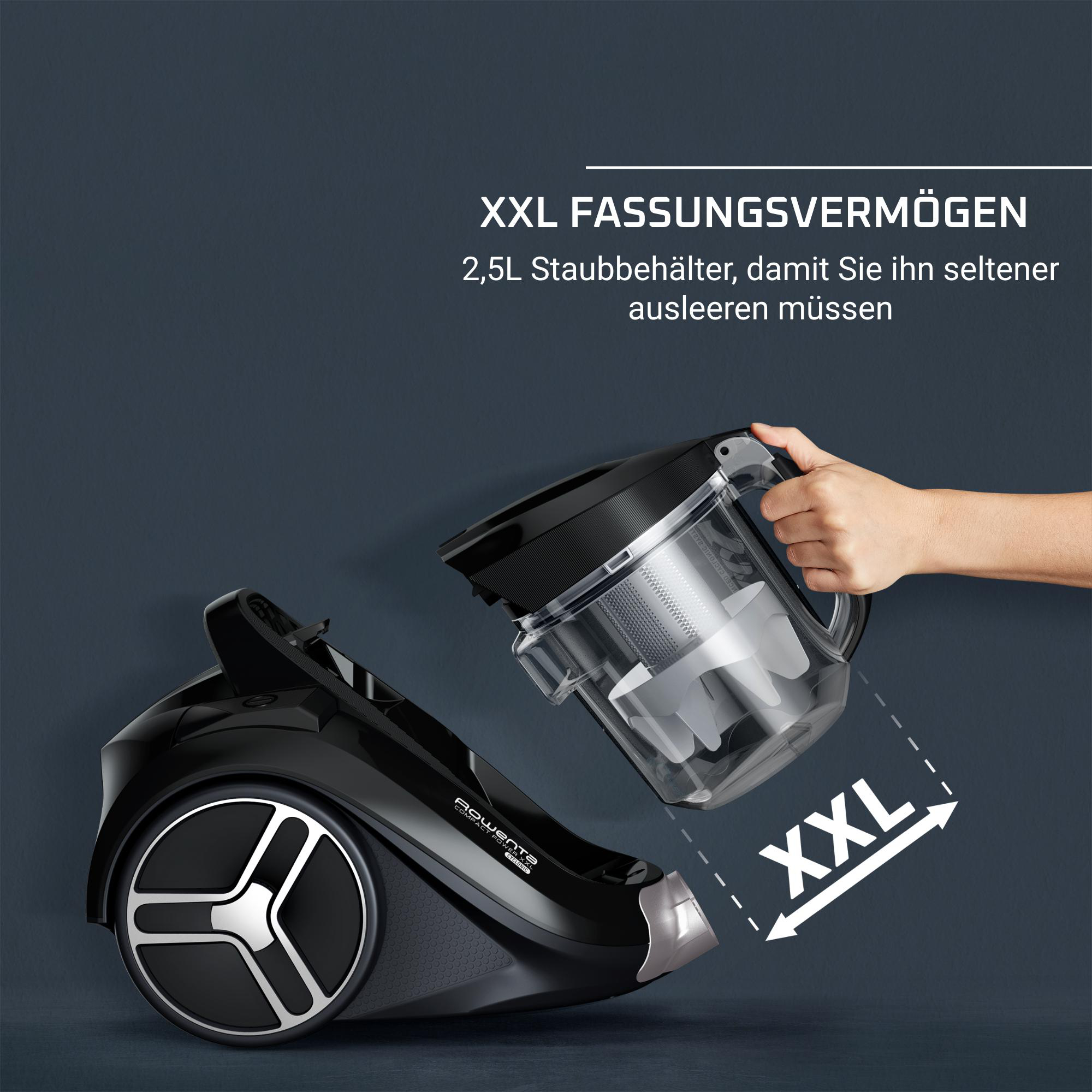 Schwarzer Staubsauger mit transparentem Staubbehälter, der entfernt wird. Text: XXL Fassungsvermögen.