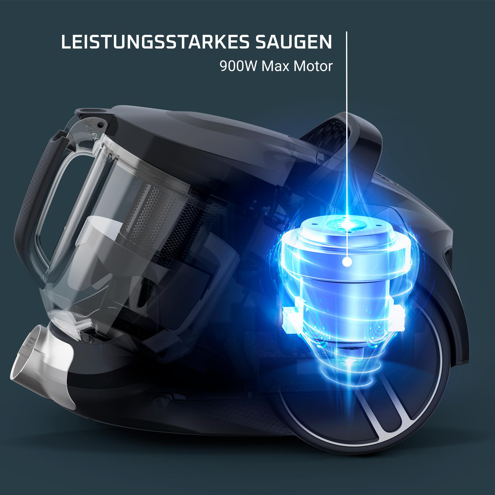 Staubsauger mit transparenten Bereichen, die den Motor zeigen.