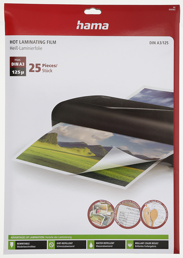 Hama laminating film package. Includes film and a laminator graphic.