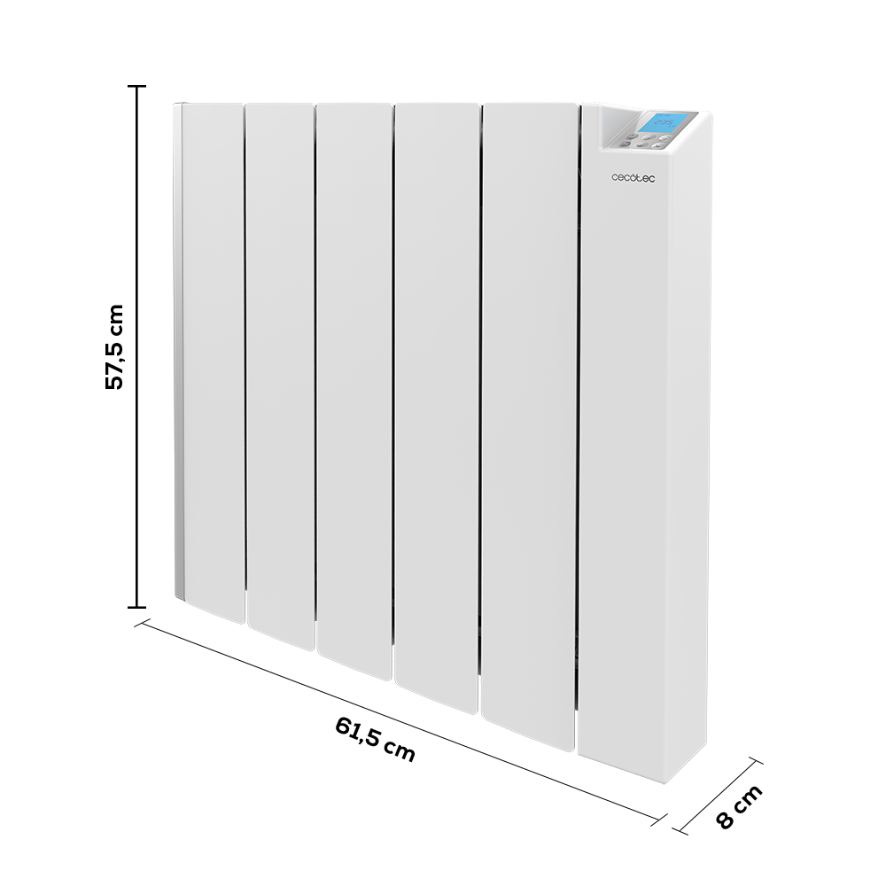 Un radiador eléctrico blanco con pantalla digital. Tiene barras verticales y las dimensiones son: 61,5 cm de ancho, 8 cm de profundidad y se muestra la altura.