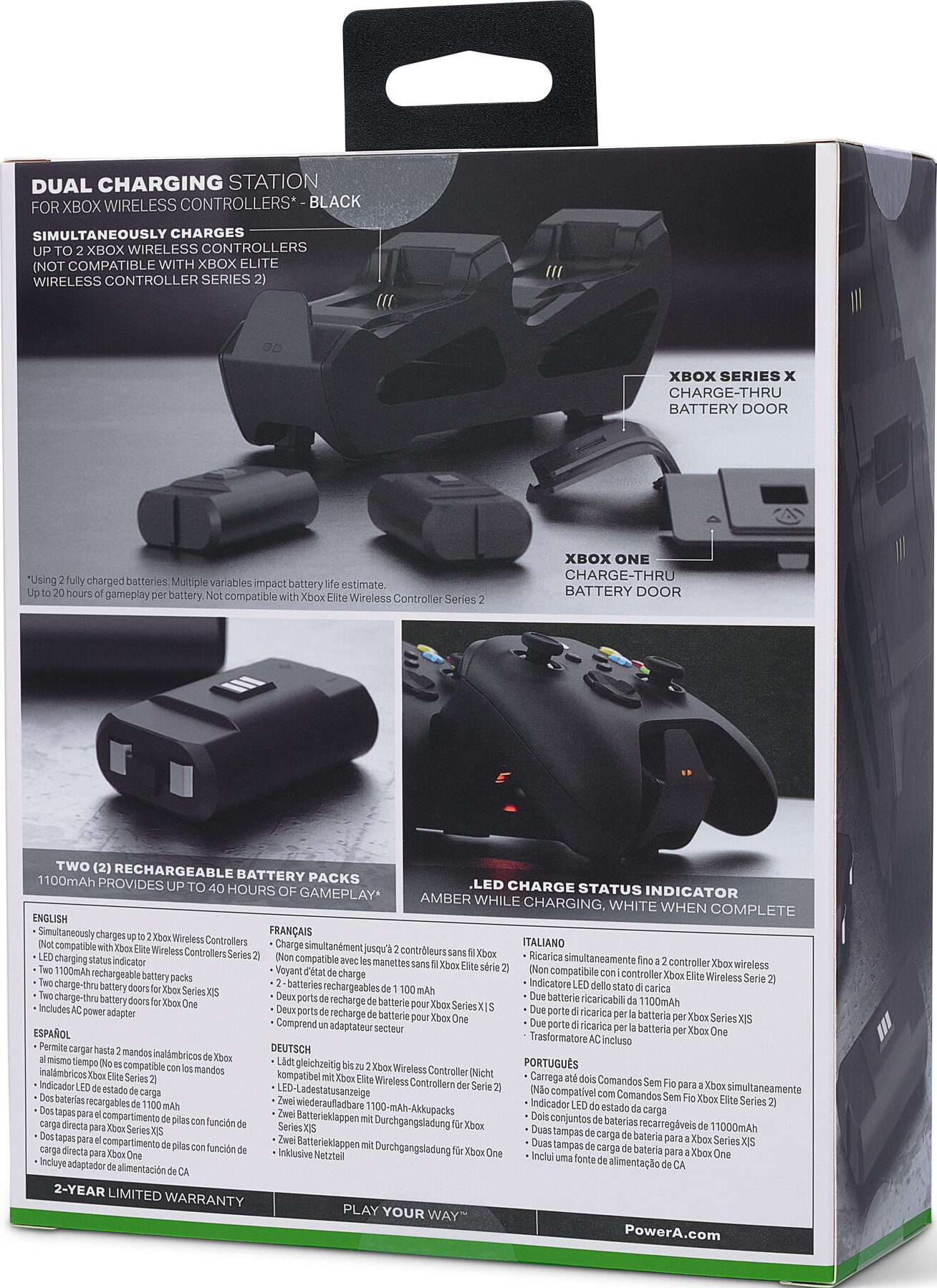 Schwarze Dual-Wireless-Ladestation für Xbox-Controller, mit Box, die Controller-Typen und Funktionen zeigt.
