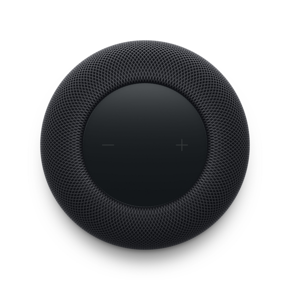 Altavoz HomePod negro de Apple. Es esférico con una superficie táctil. La parte superior tiene símbolos '+' y '-'.