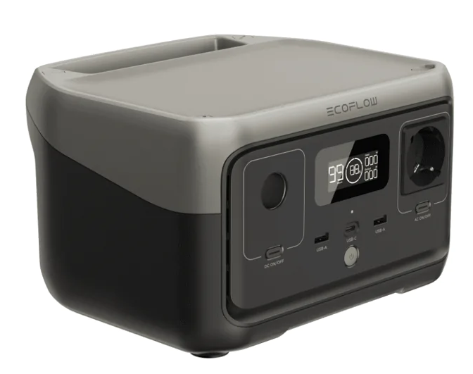 Schwarze und graue tragbare Powerstation. Hat ein digitales Display und mehrere Anschlüsse.