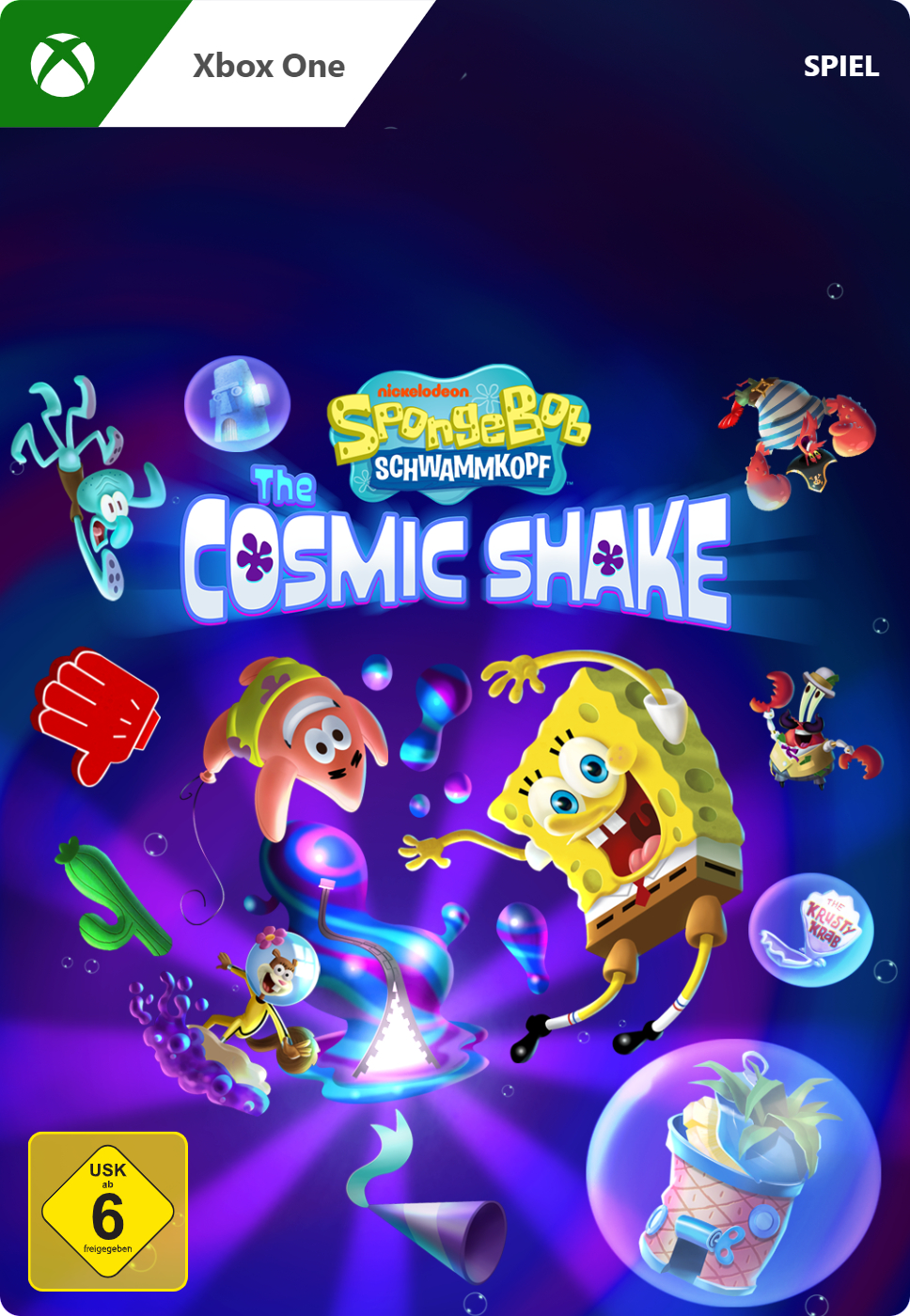 Xbox One Spielcover. Spongebob und Freunde in einer farbenfrohen, kosmischen Umgebung. Titel: The Cosmic Shake.