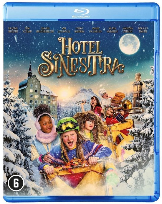 Kinderen sleeën in de sneeuw voor een hotel. De film "Hotel Sinestra" is te zien.