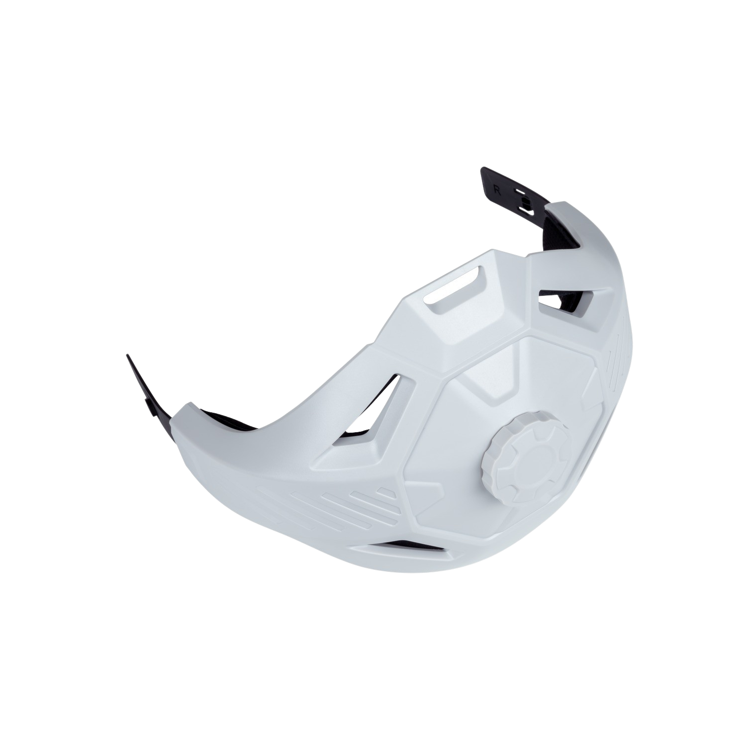 Een wit gezichtsmasker, ontworpen voor bescherming, wordt getoond tegen een zwarte achtergrond.