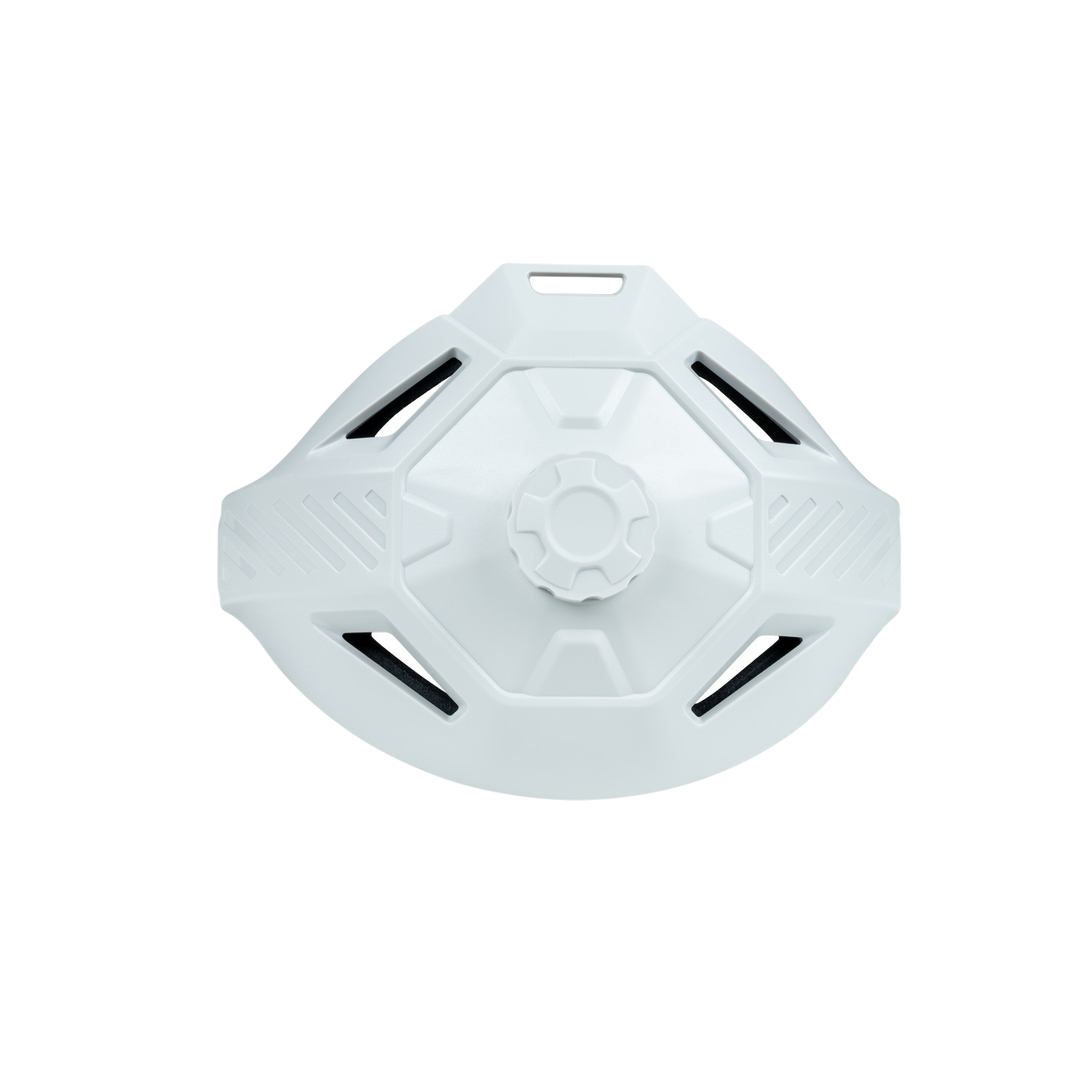 Wit plastic object met gaten en een centrale knop. Lijkt deel van een apparaat te zijn.