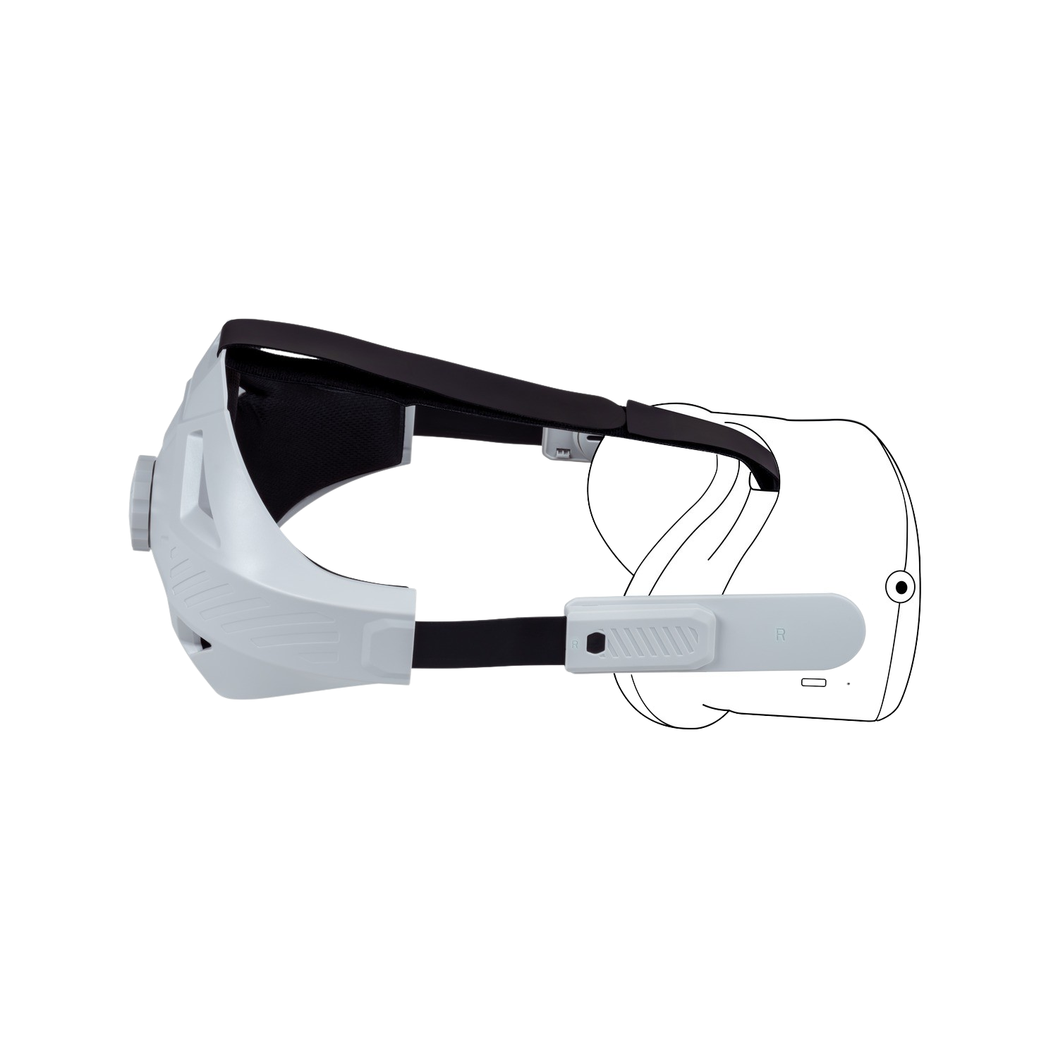 VR headset hoofdband, wit en zwart, met afstelknop.