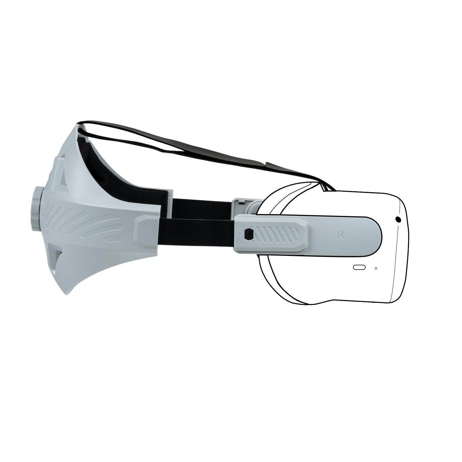 Een witte VR-headset met een zwarte band, zijaanzicht, op een zwarte achtergrond.