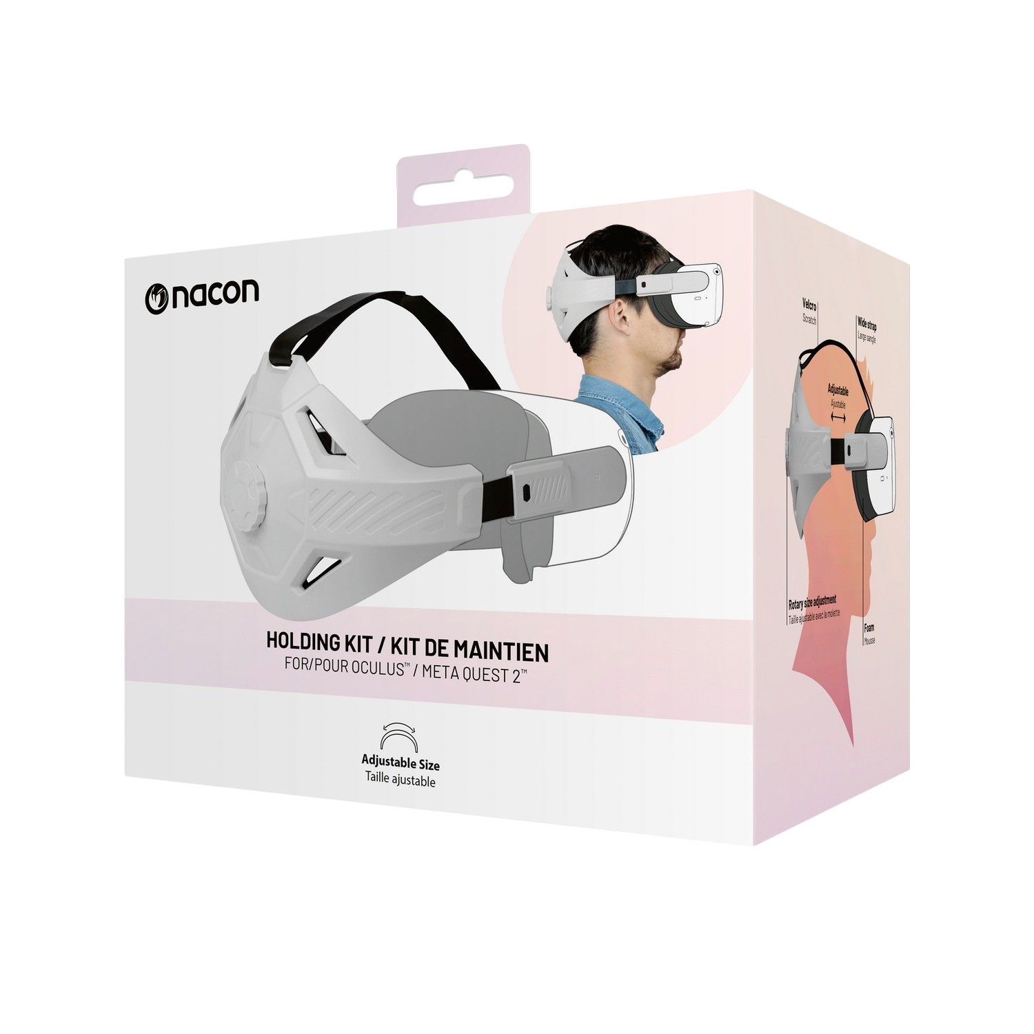 Een witte doos met een afbeelding van een VR-headset, met het label 'HOLDING KIT' op een witte achtergrond.