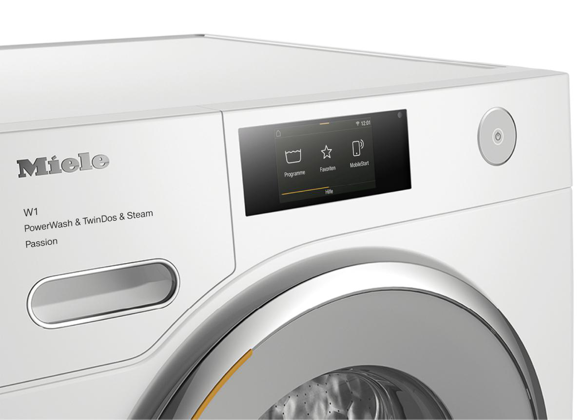 Nahaufnahme eines Bedienfelds der Miele Waschmaschine mit verschiedenen Optionen.
