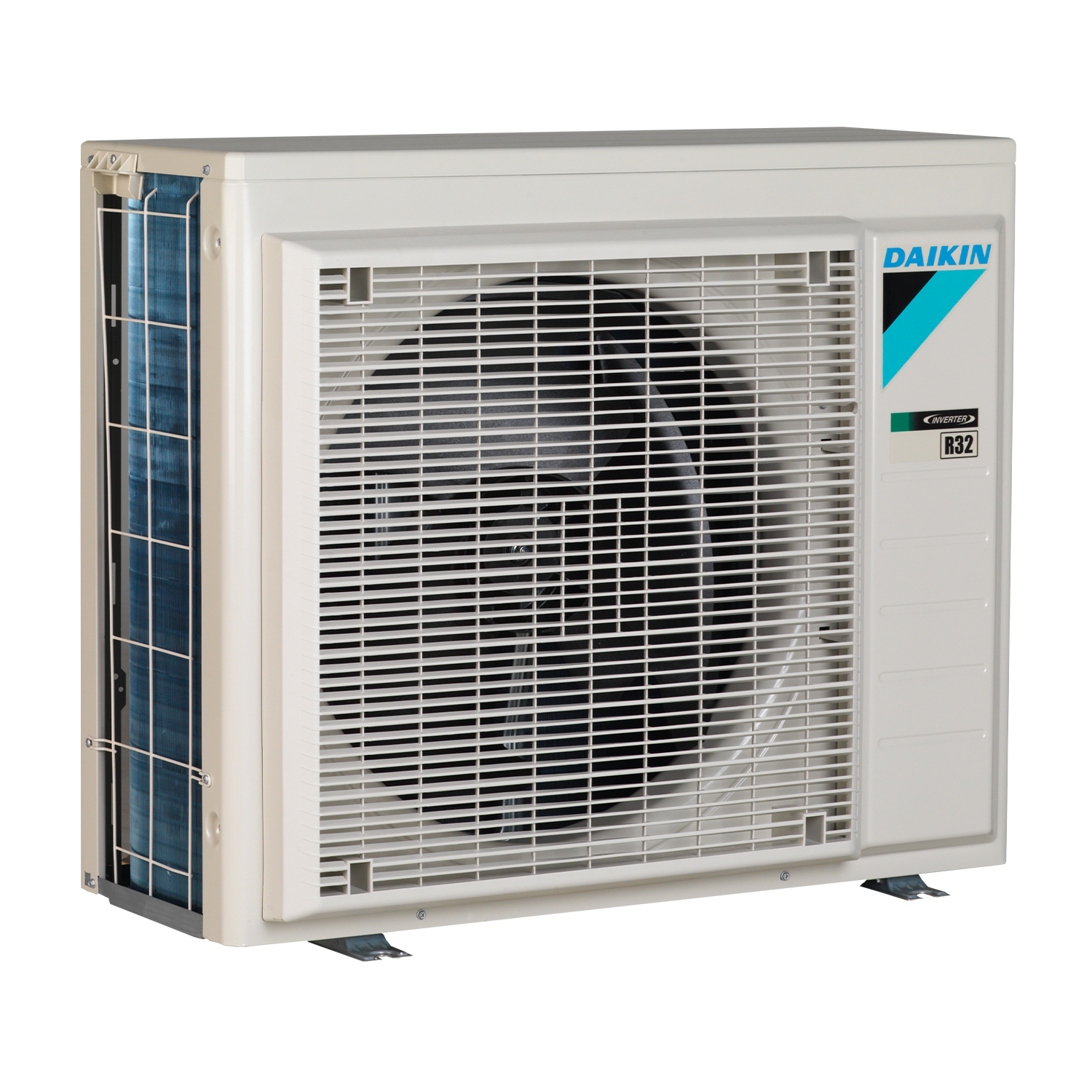 Unità di condizionamento Daikin con griglia del ventilatore. Colori bianco e grigio.