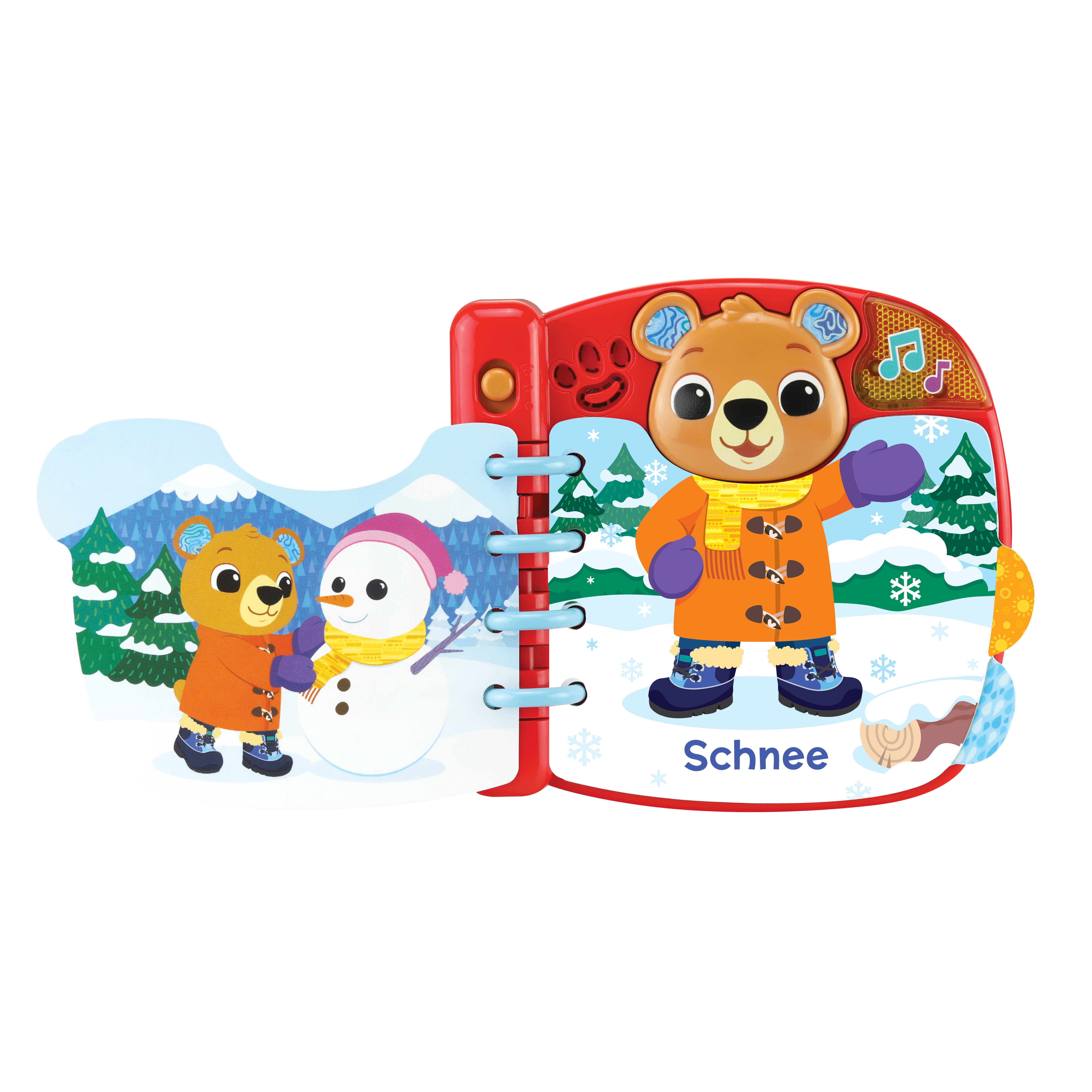 Ein Kinderbuch mit Bären, die einen Schneemann bauen, mit dem Wort „Schnee“ (Schnee).