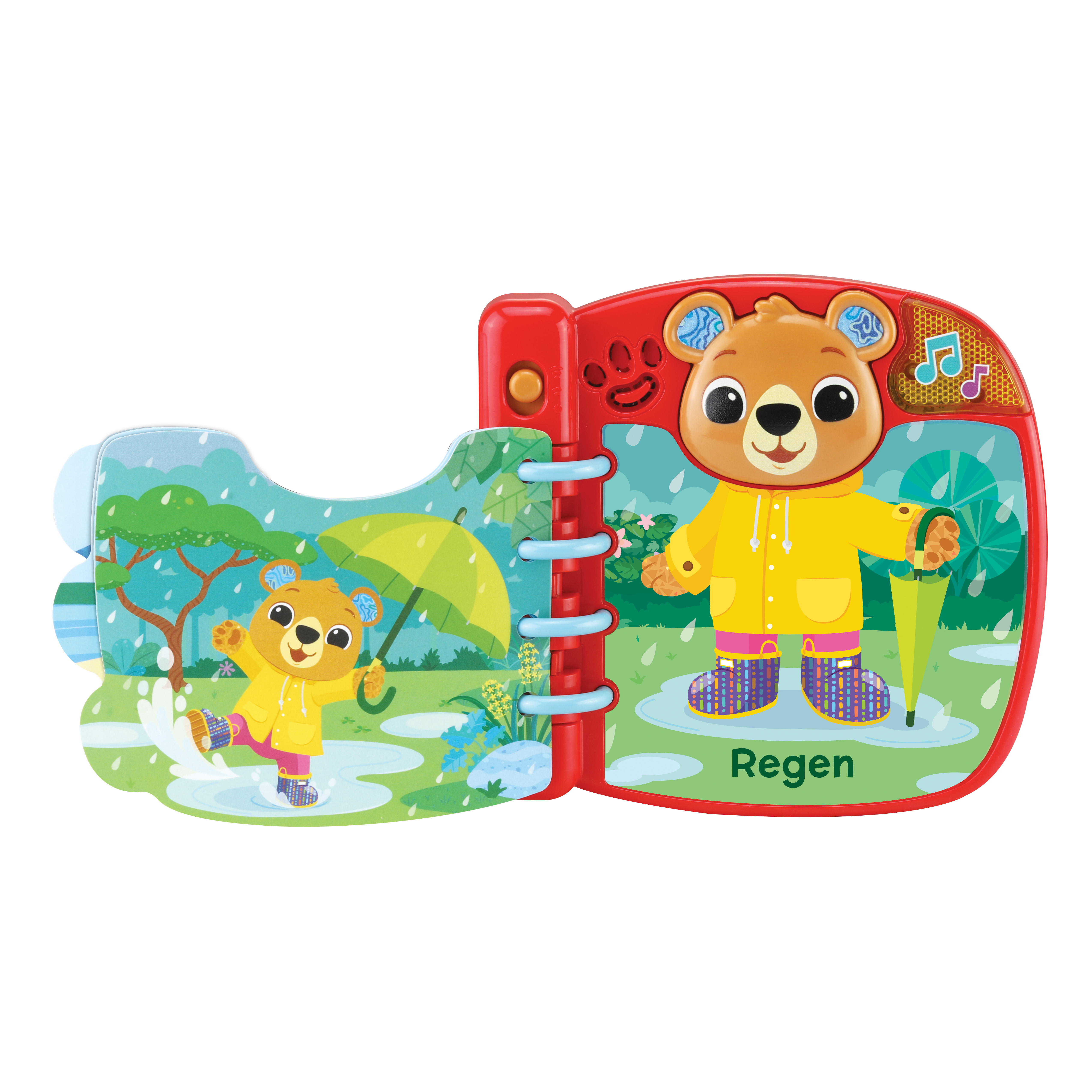 Kinderspielzeug, das Regen zeigt, mit einem Bär in einem gelben Regenmantel.