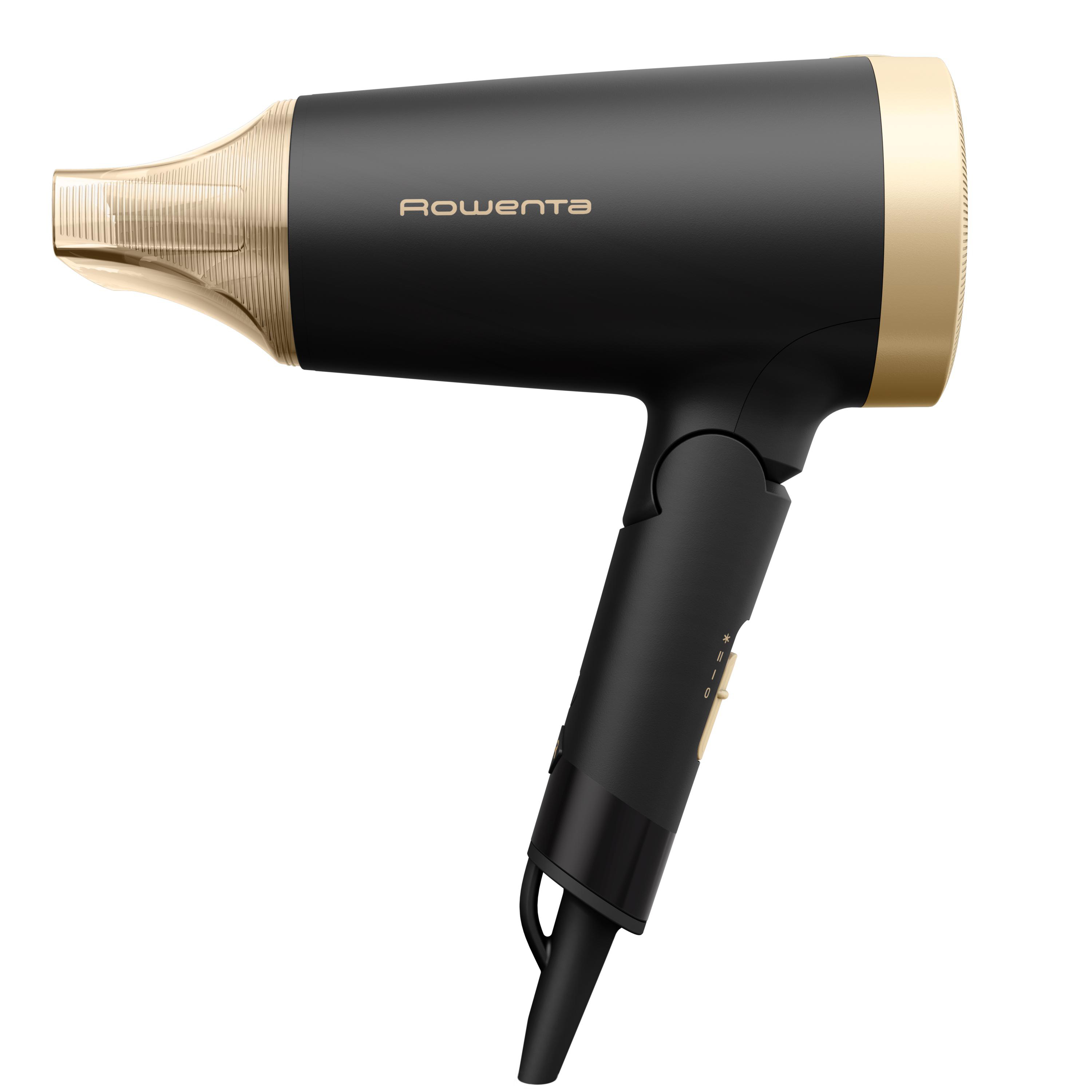 Schwarzer und goldener Haartrockner. Goldene Düse. Schwarzer Griff. Weißer Hintergrund.