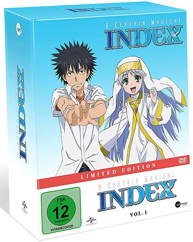 DVD-Box-Art für 'A Certain Magical Index'. Zeigt zwei Anime-Charaktere und den Titel der Serie. Die Box hat ein blaues und weißes Farbschema.