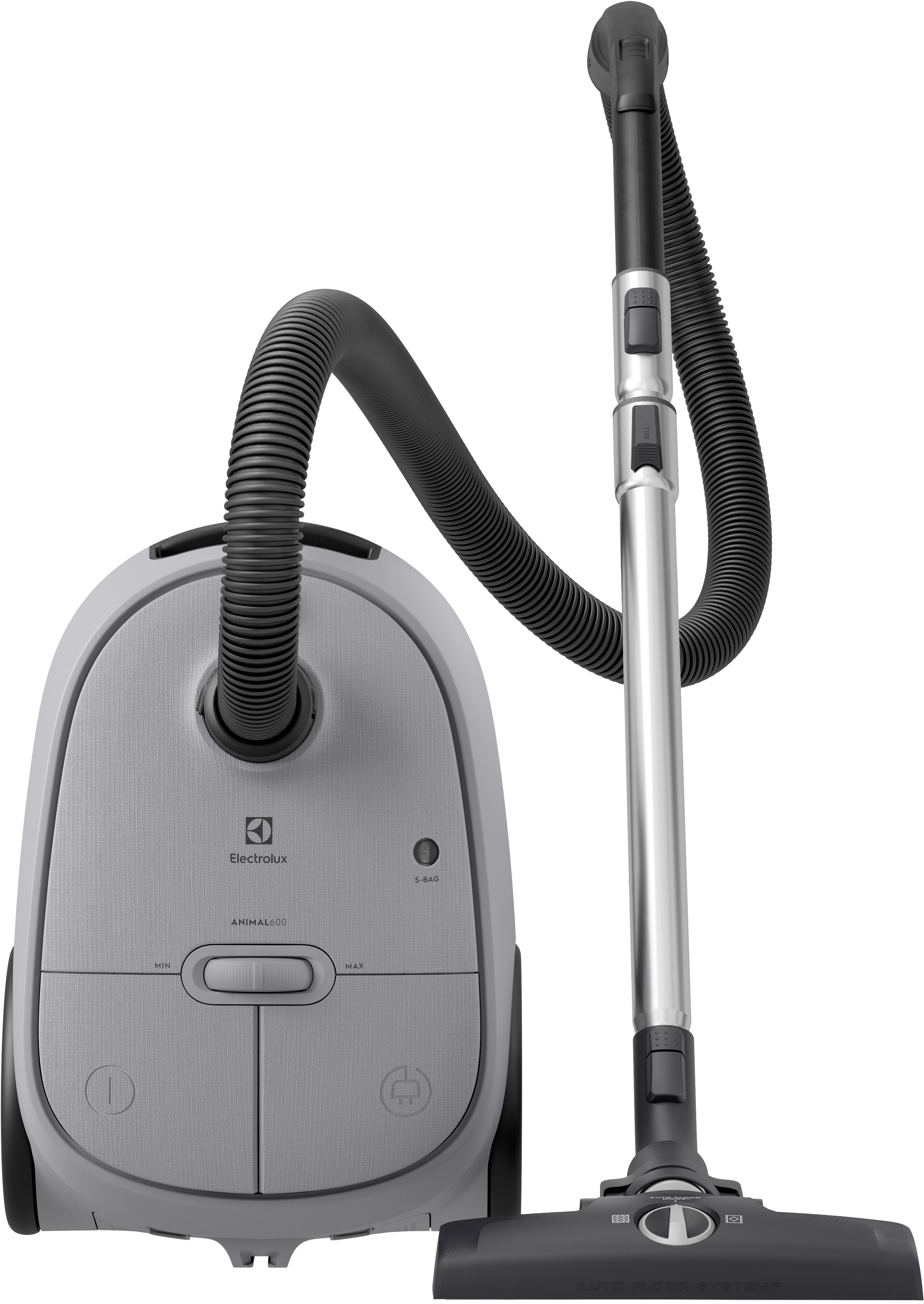 Un aspirateur gris clair avec un long tuyau et une tête de nettoyage.
