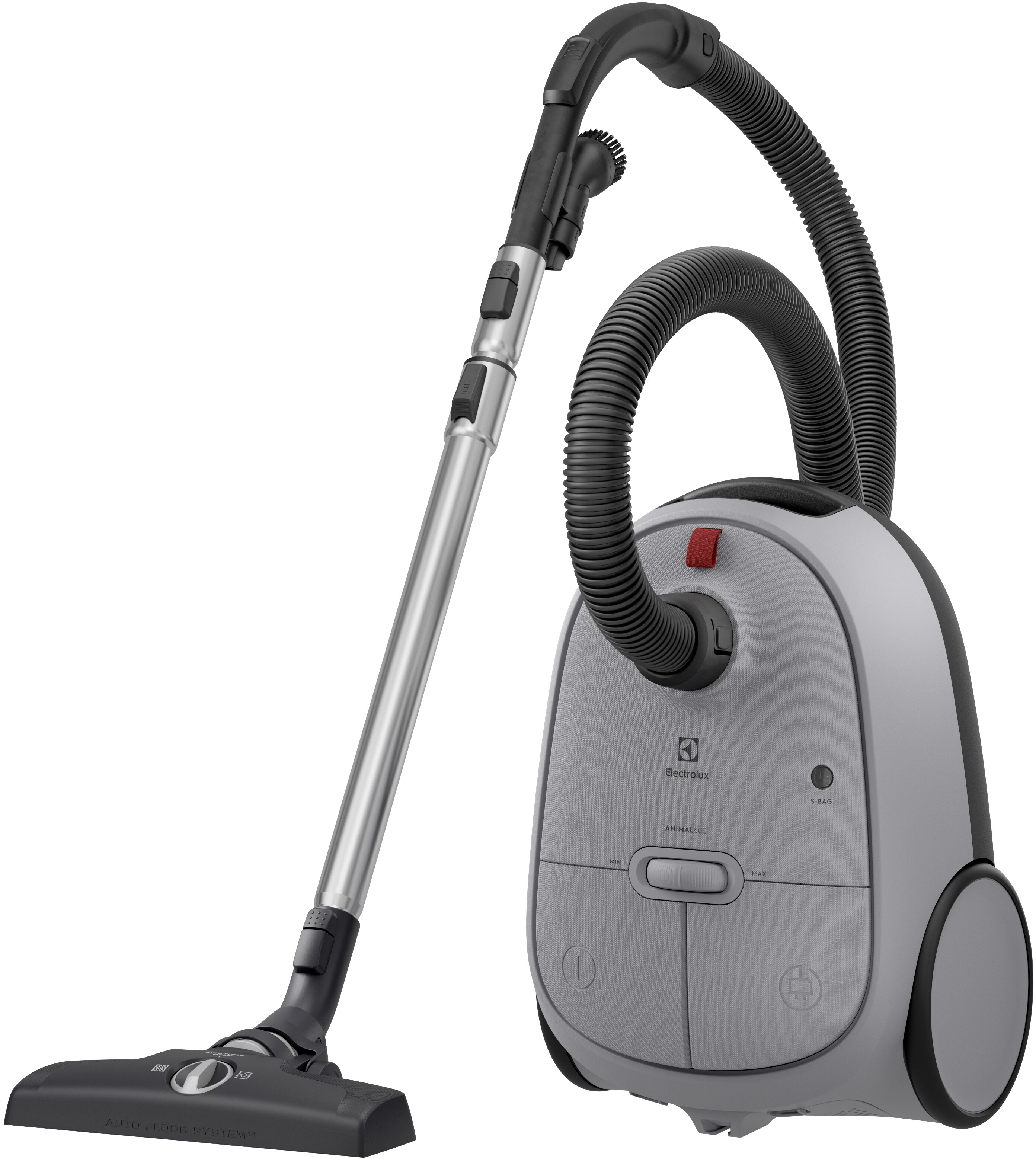 Un aspirateur Electrolux, gris et noir, avec un long tuyau flexible.