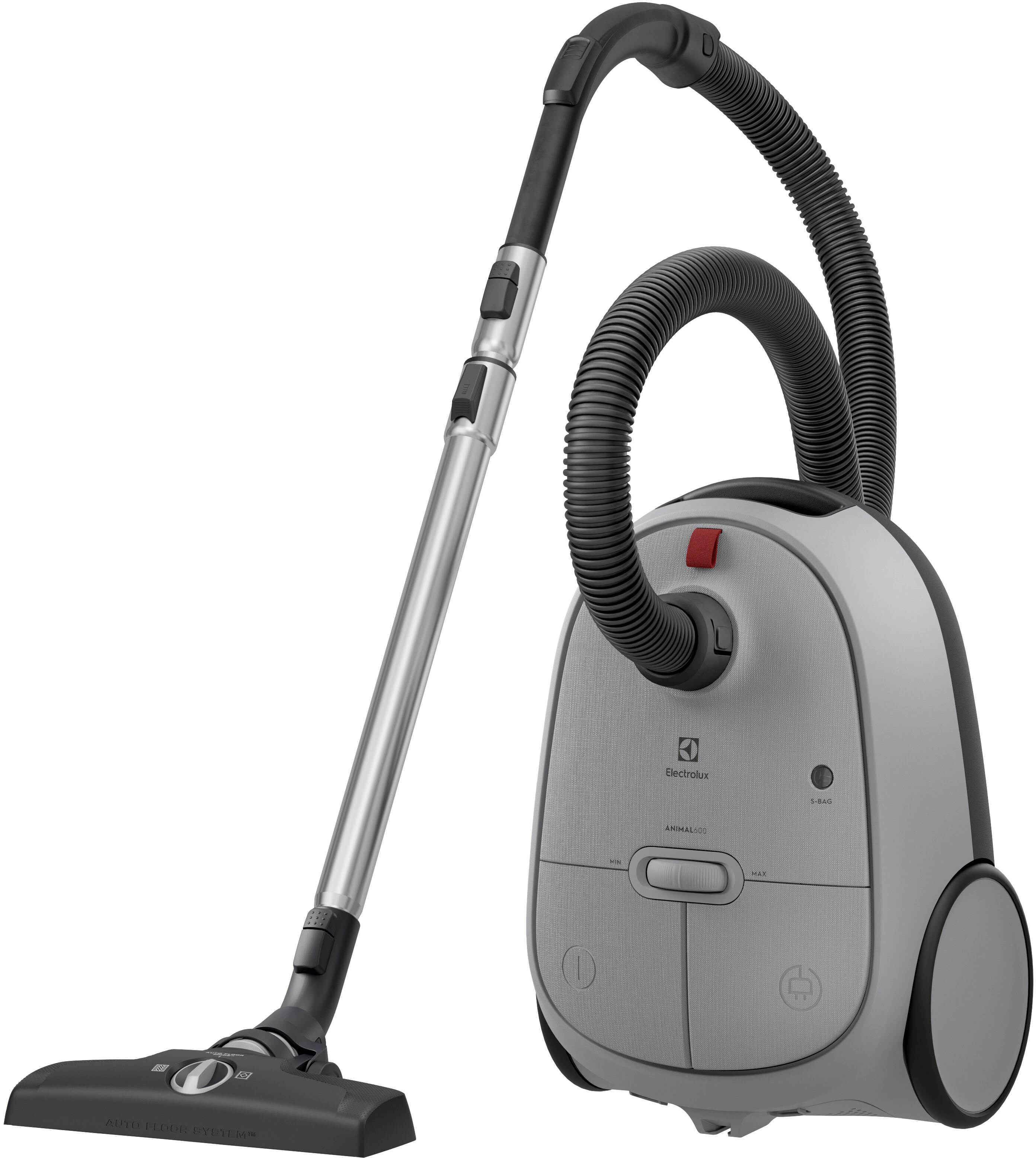 Un aspirateur Electrolux gris et noir est debout. Un long tube argenté s'étend du corps.