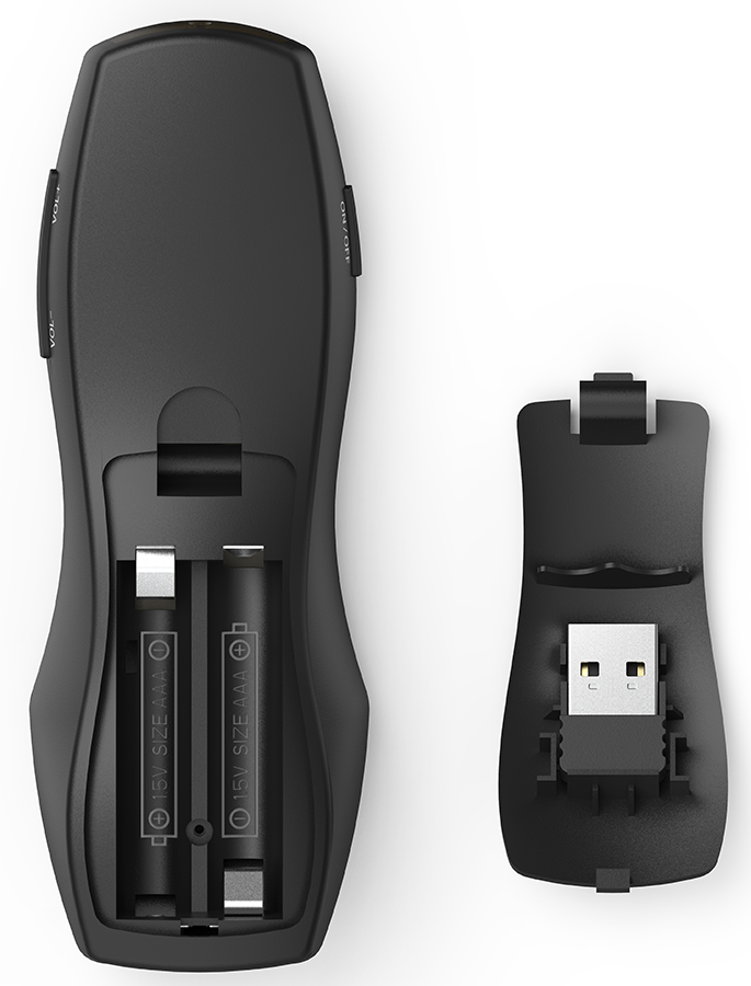 Zwarte presentatie-afstandsbediening, open batterijvak met AAA-batterijen. USB-ontvanger zichtbaar. Witte achtergrond.