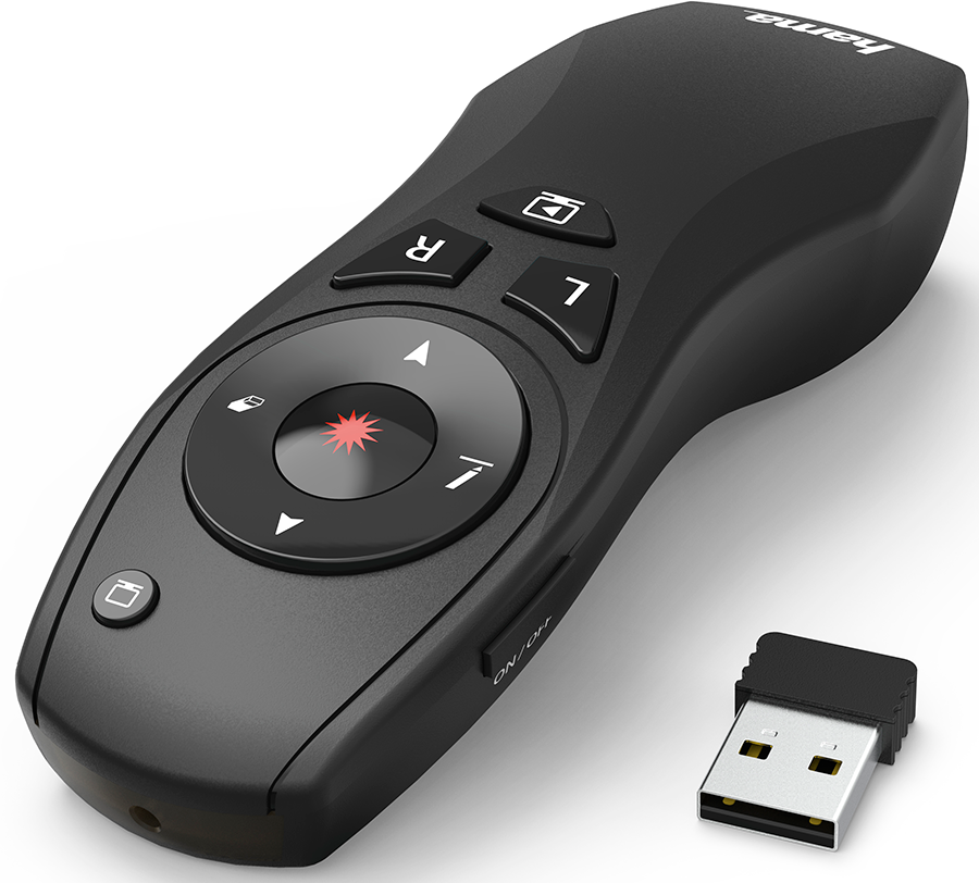Zwarte presentatie afstandsbediening met knoppen en een USB-ontvanger. Aan/Uit-schakelaar aan de zijkant.