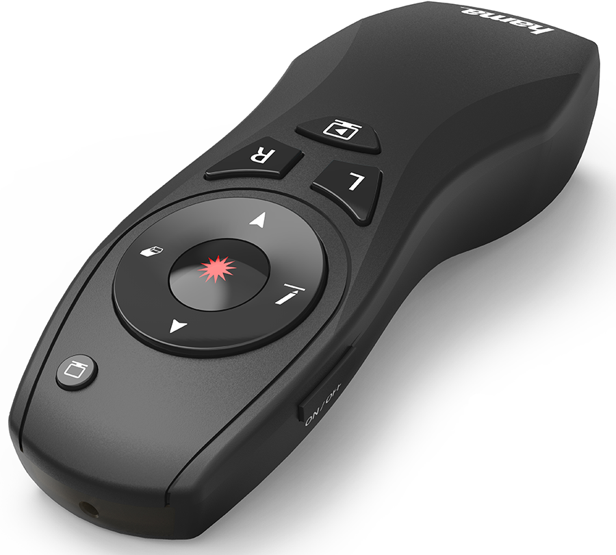 Zwarte afstandsbediening met knoppen. Het heeft een centraal navigatiepad met een rode laserpointer.