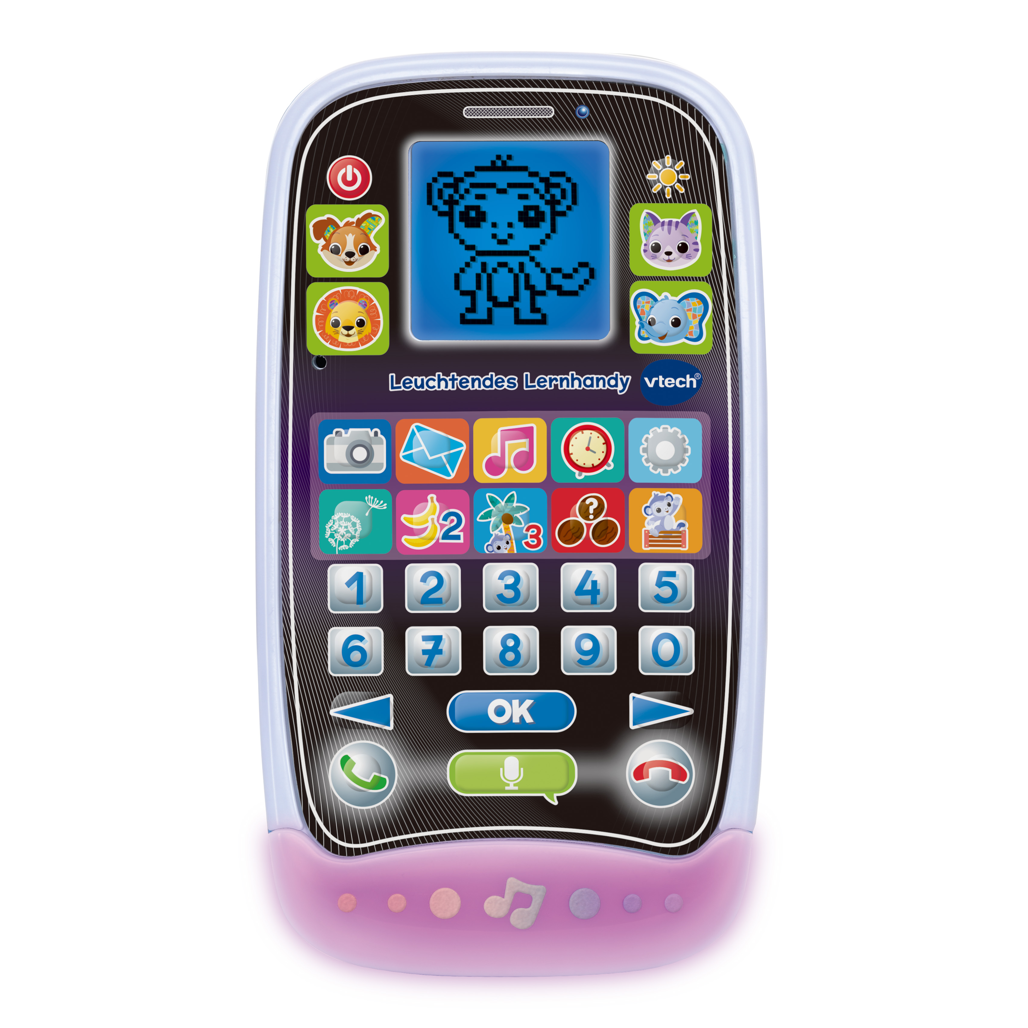 VTech Kinderspielzeugtelefon. Bunt, mit Knöpfen und einem Bildschirm.