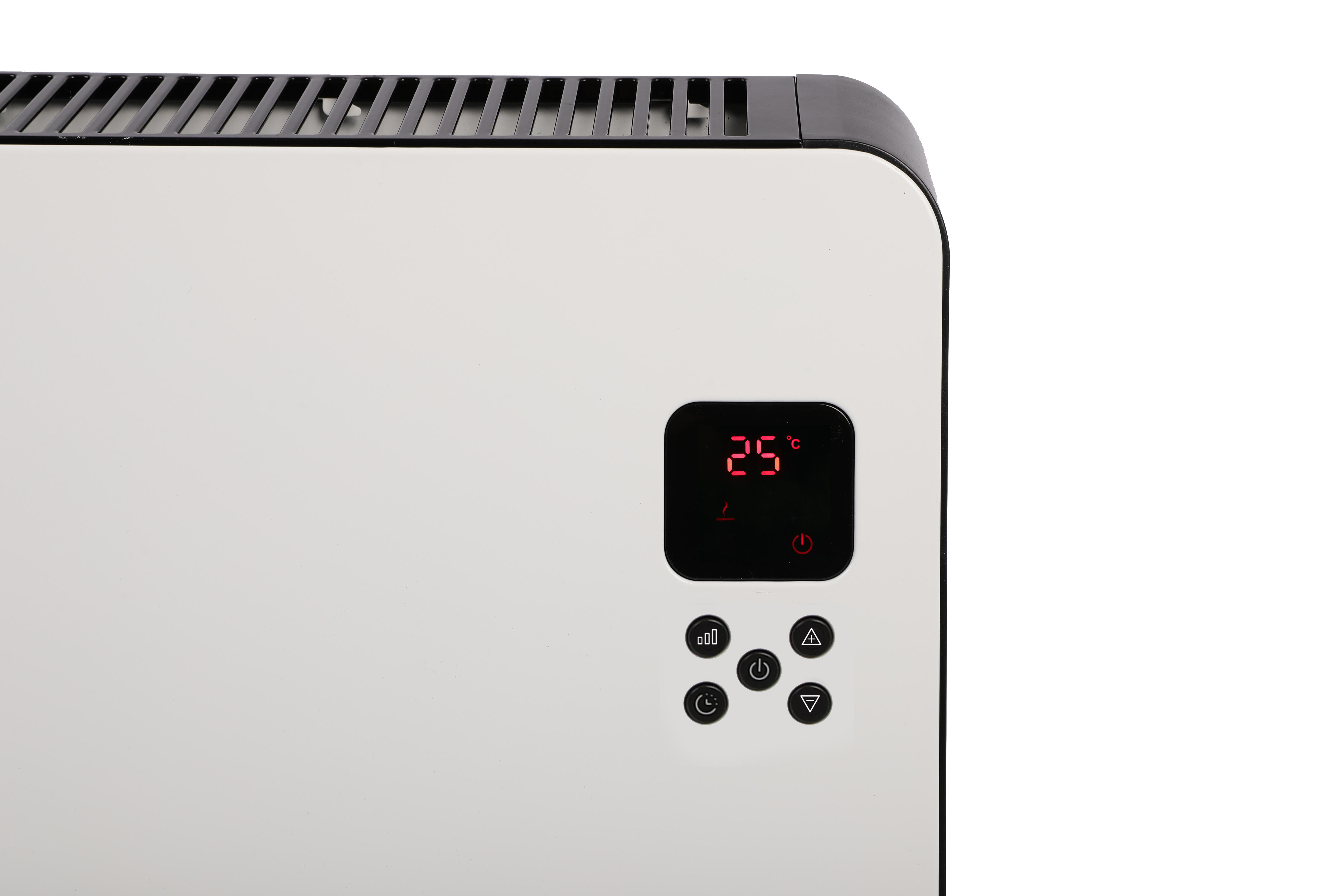 Ein weißer Heizkörper mit schwarzem Gitter und Digitalanzeige von 25 Grad.