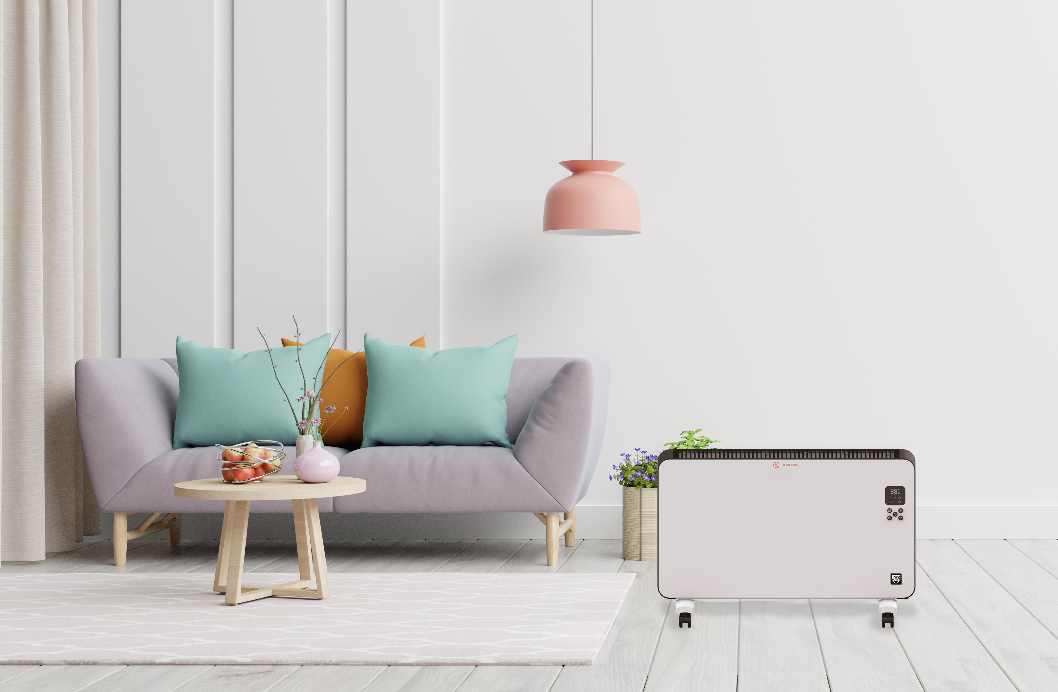 Ein Heizkörper steht neben einem Sofa mit Kissen und einem Couchtisch.