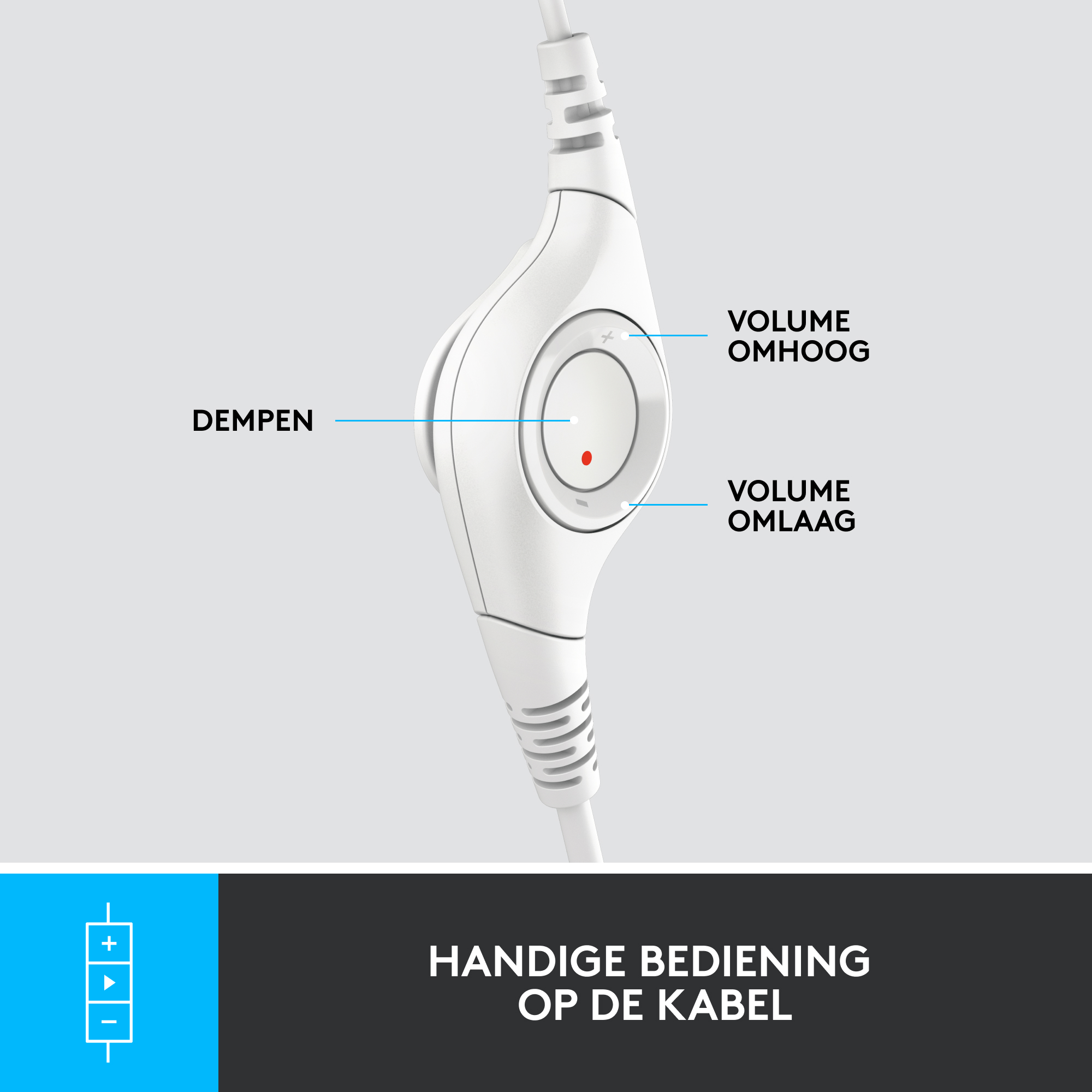 White headset control with volume controls and a mute button, with labels in Dutch.