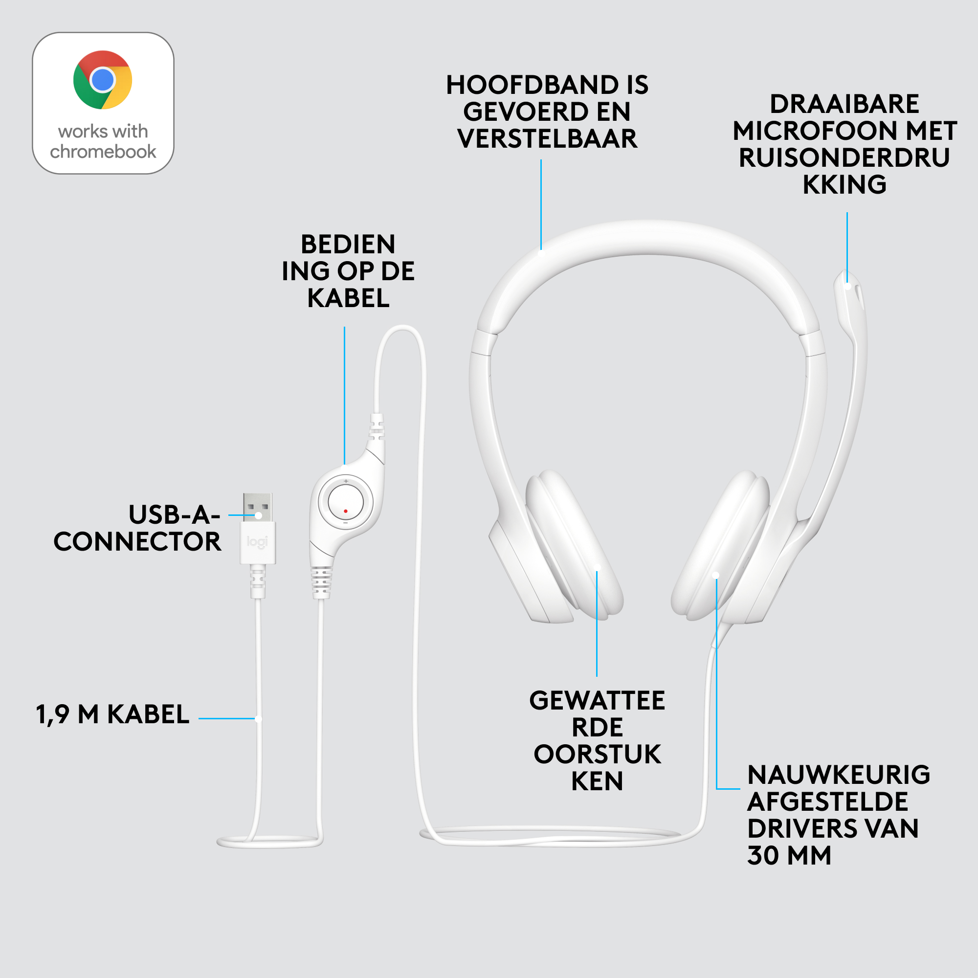 A white headset with a USB-A connector, volume control, and a flexible boom microphone.