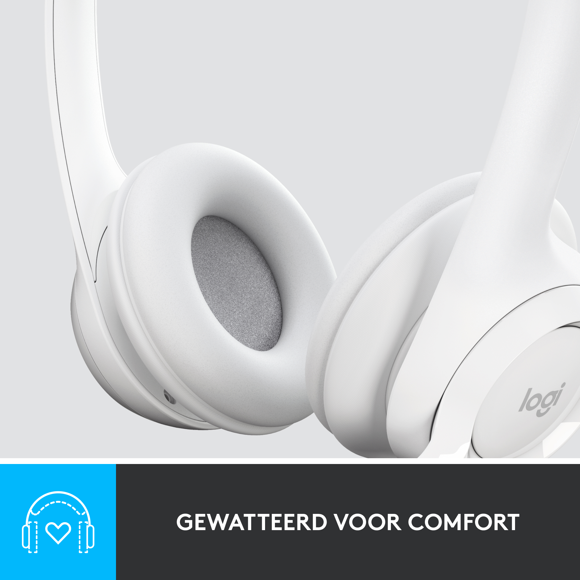 White headphones with soft earcups and a logo on the side.