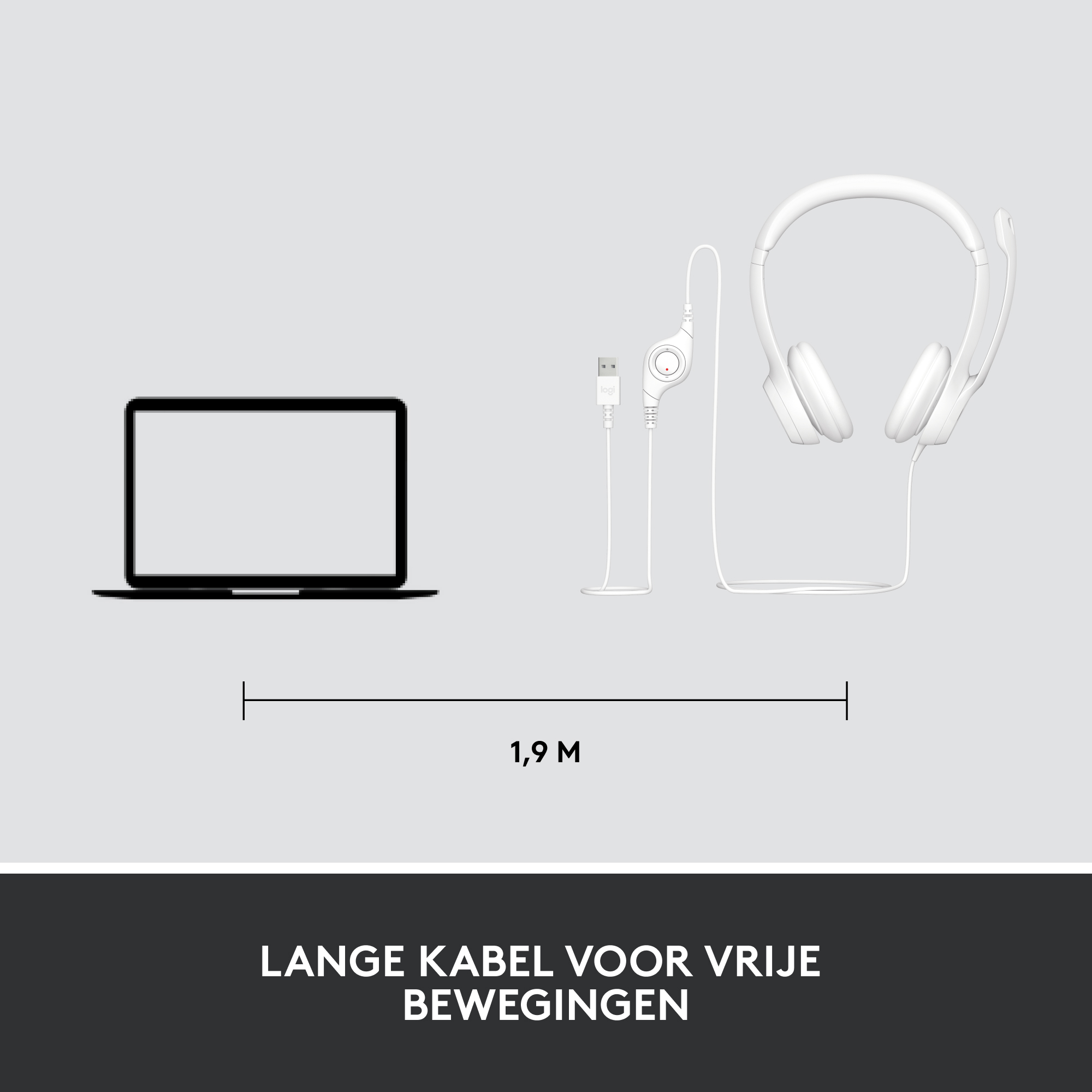 Laptop, headphones, and a cable. The cable is 1.9 meters long.
