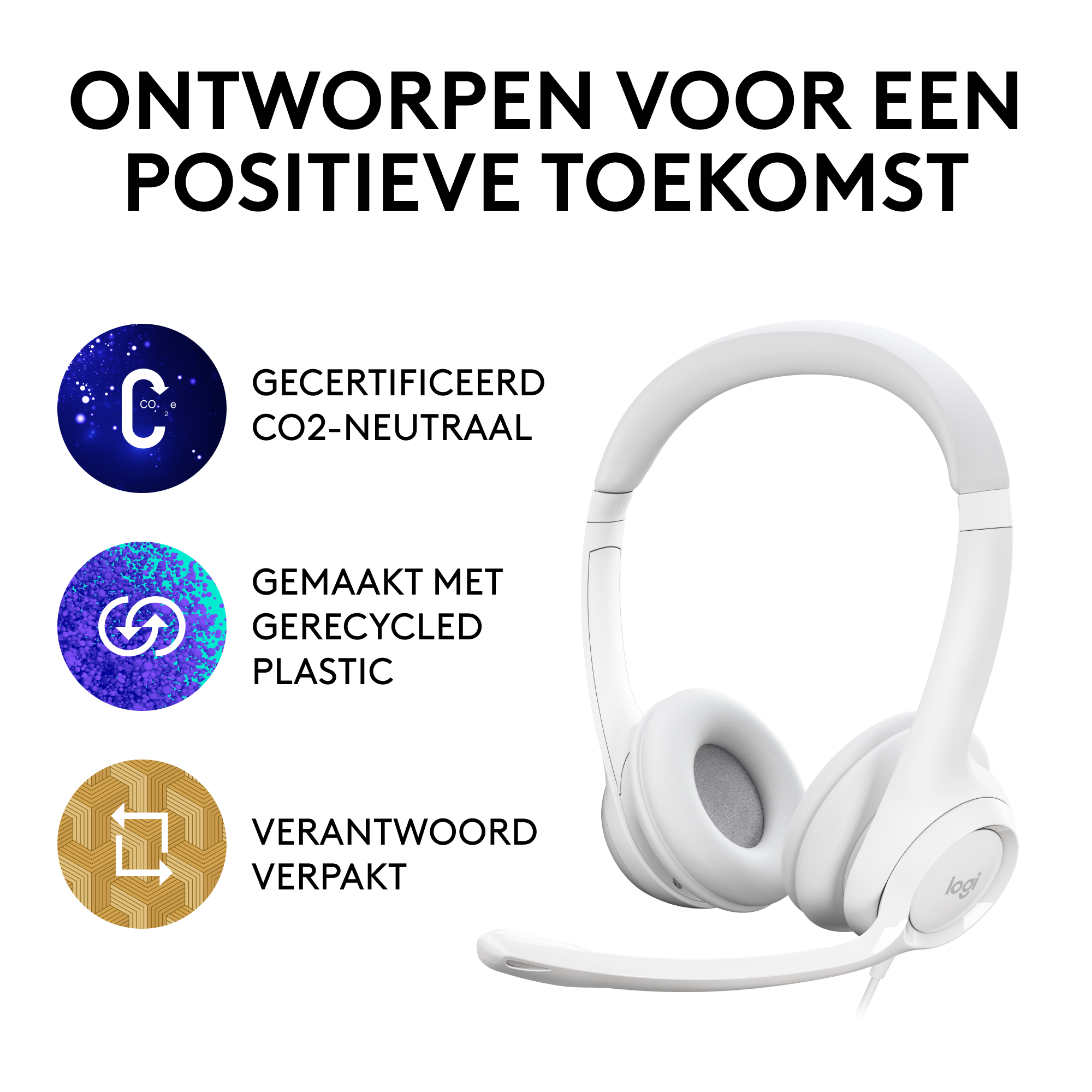White headphones with a microphone. Text on the left: CO2 Neutral, Recycled Plastic, Packaged Sustainably.