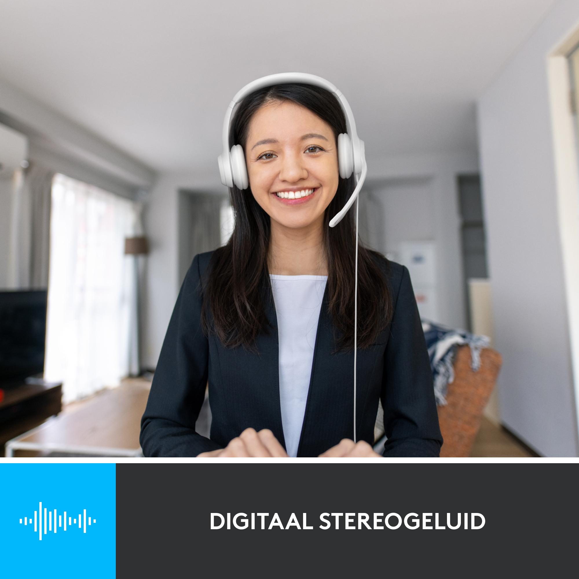 Smiling woman wearing a headset, with a digital stereo sound graphic below.