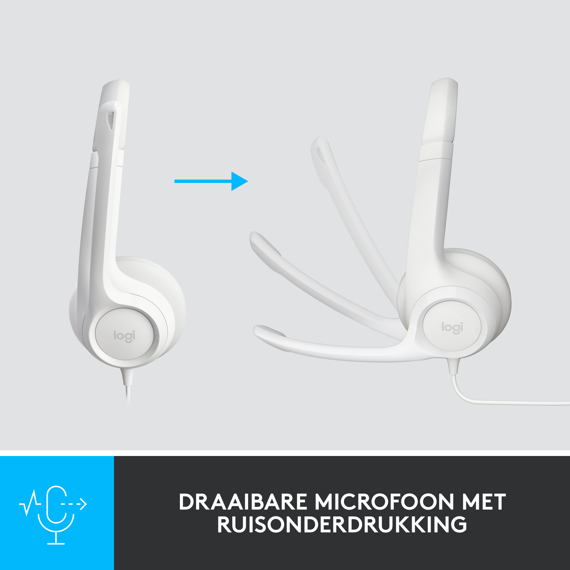 White headset with microphone in two positions: folded and extended, with text 'DRAAIBARE MICROFOON MET RUISONDERDRUKKING'.