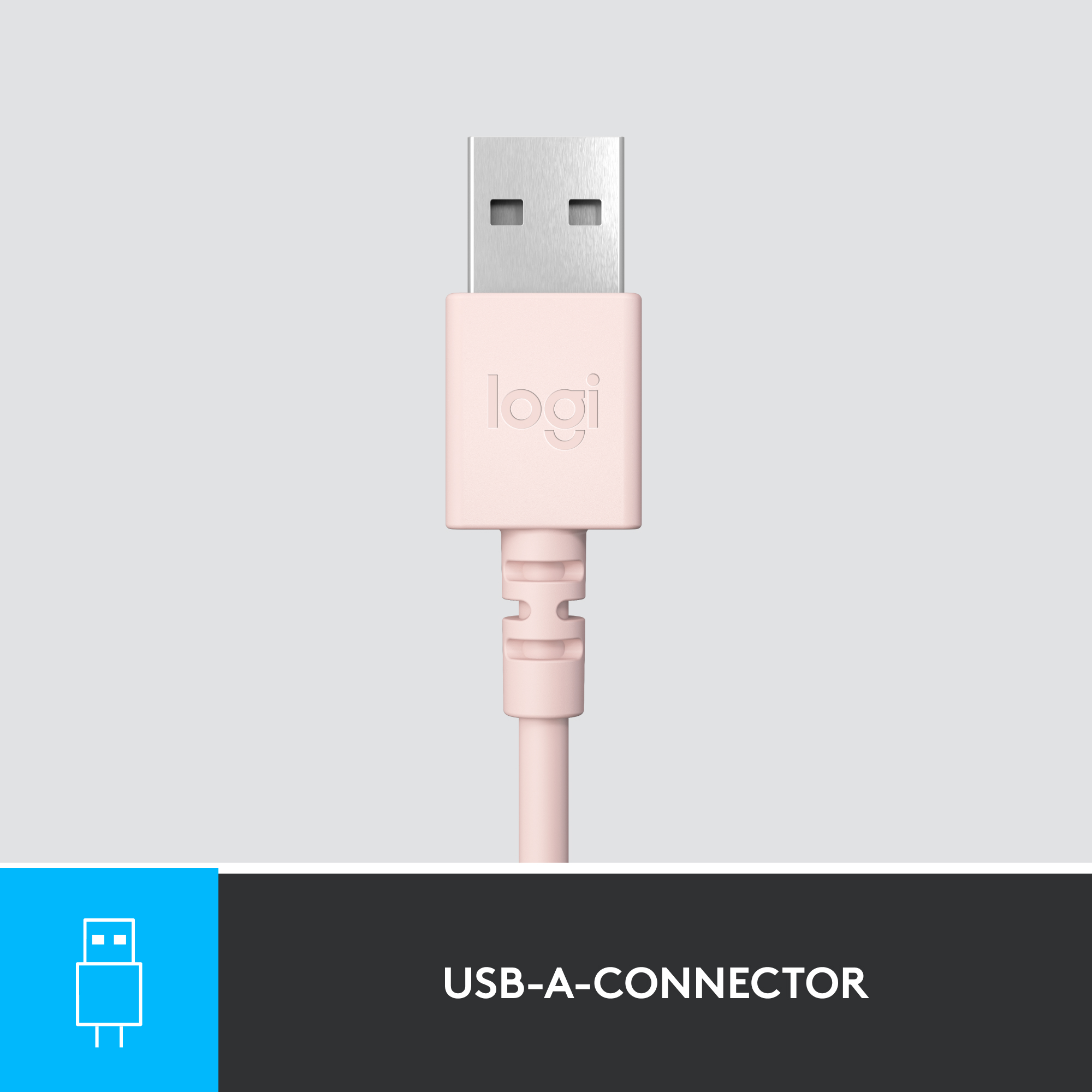 A pink USB-A connector cable. Text says 'USB-A-CONNECTOR'.