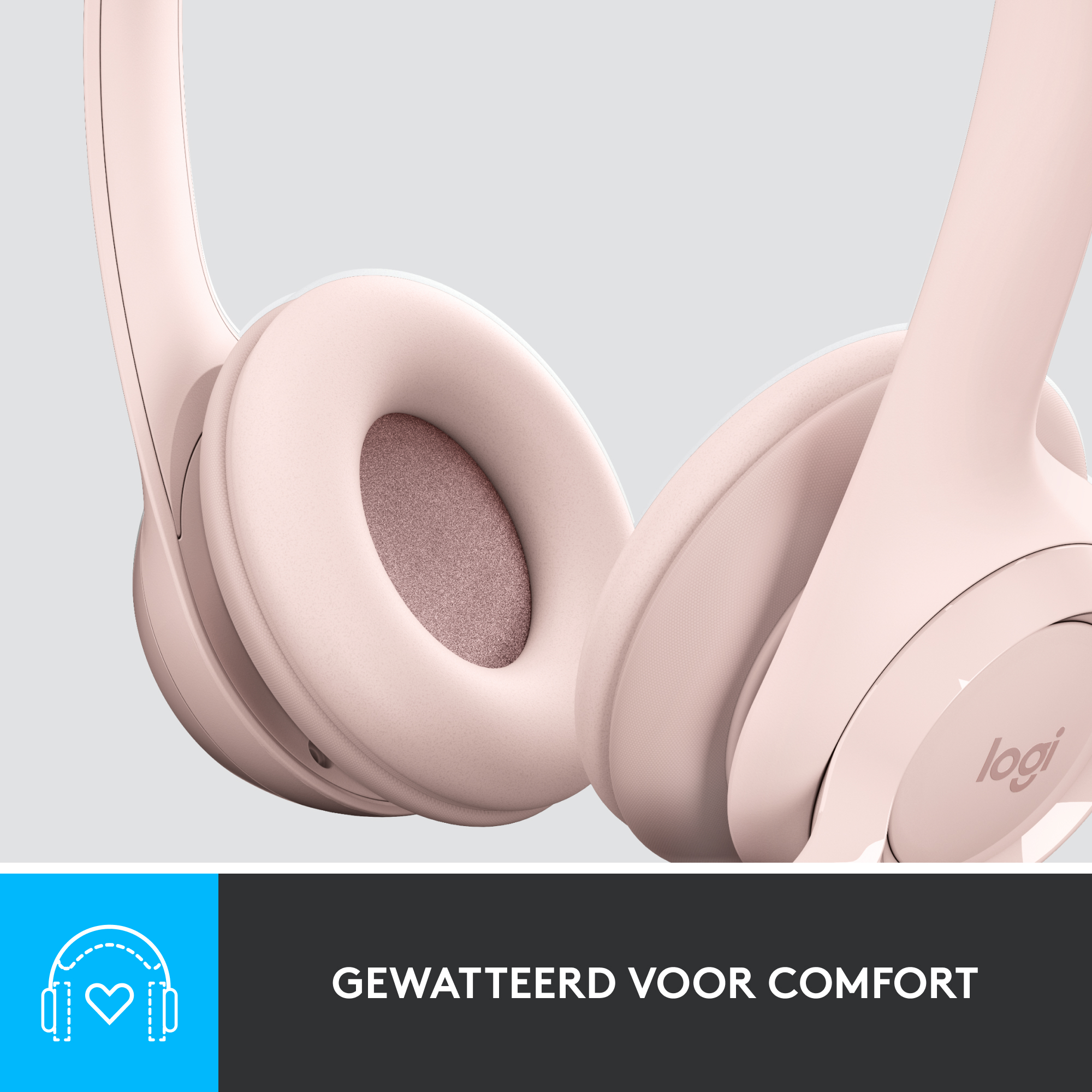 Close-up of pink headphones with a soft ear cushion, with a logo and text below.