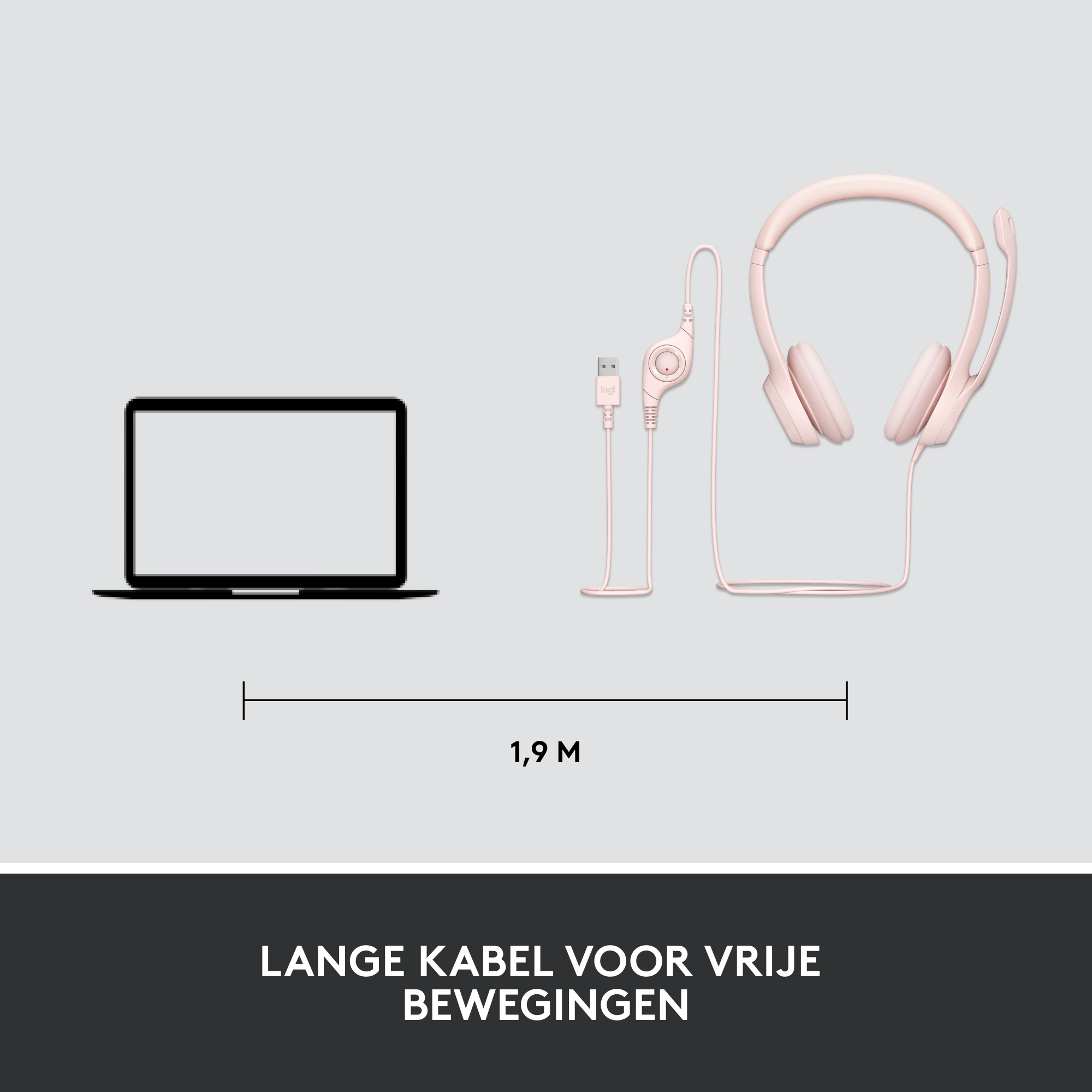 Laptop and headset with a long connecting cable. Text reads 'LANGE KABEL VOOR VRIJE BEWEGINGEN'.