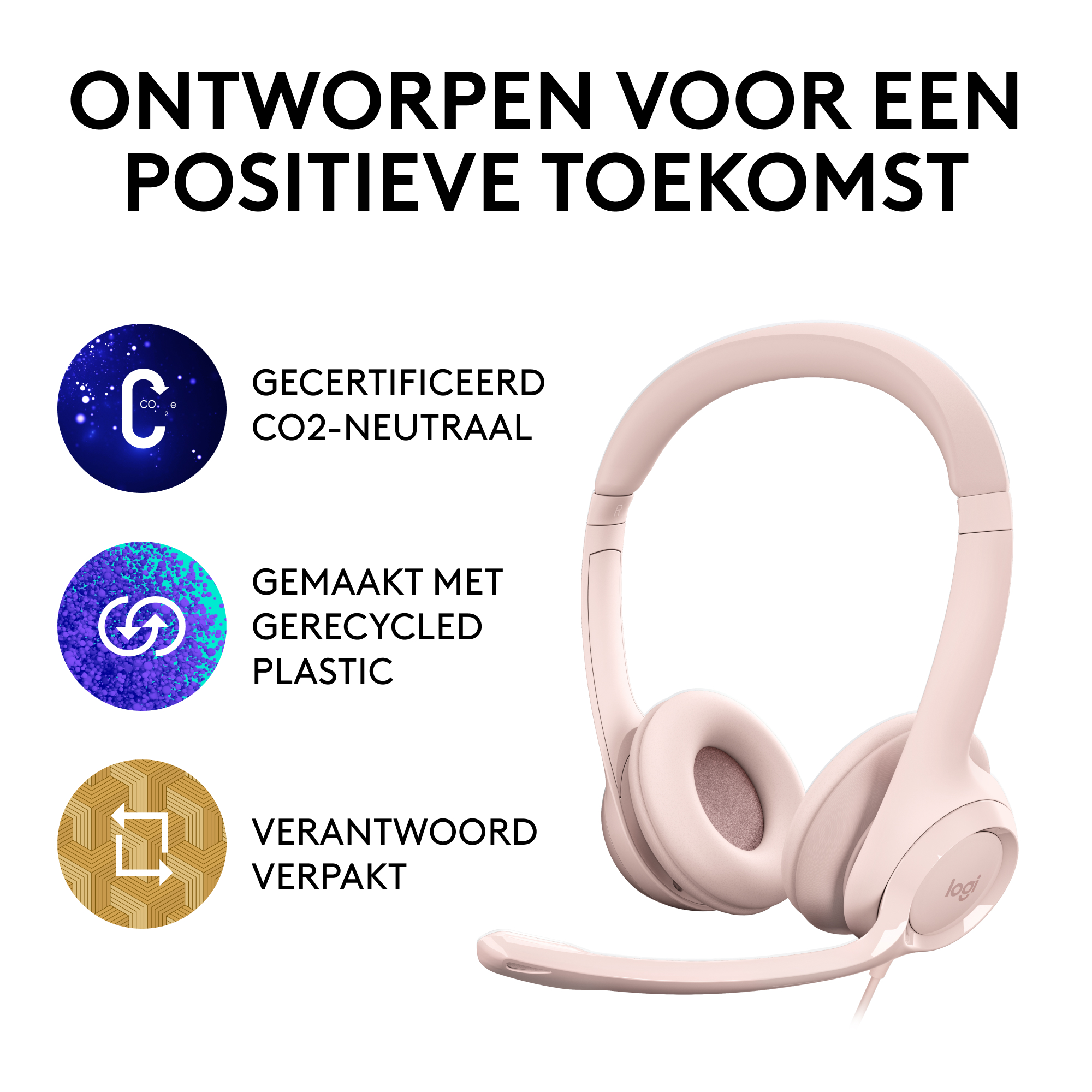 Pink headset with a microphone. The image has text about sustainability.