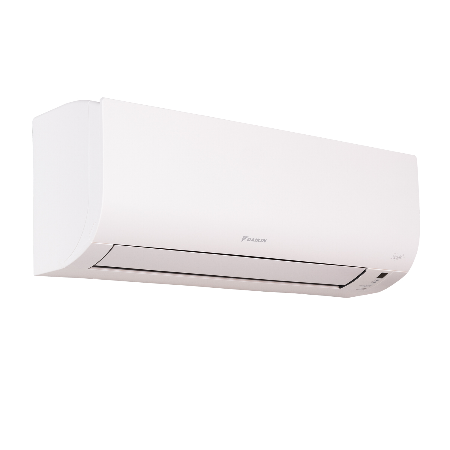 Un condizionatore Daikin bianco montato su una parete bianca.