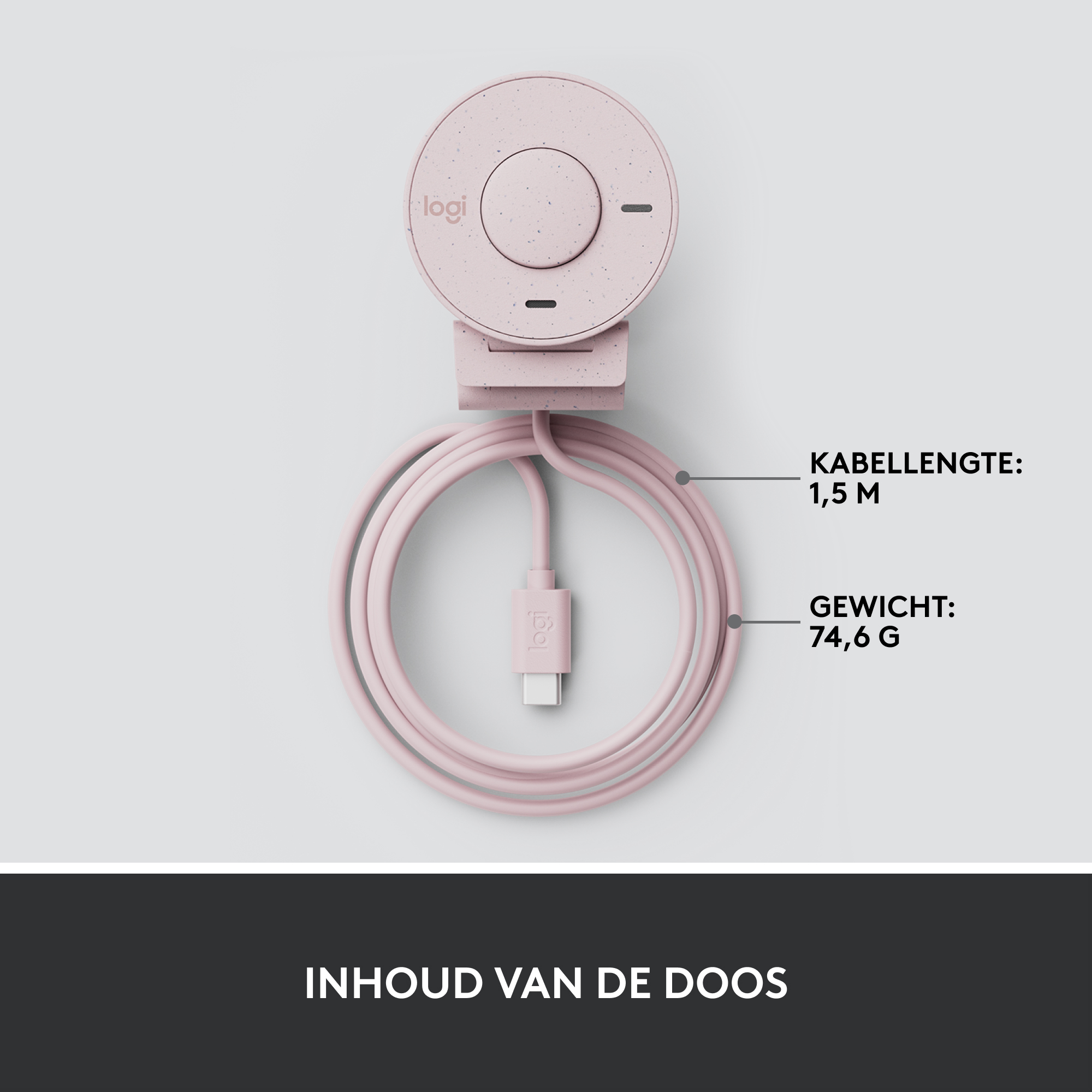 Roze webcam met kabel en details. Tekst in het Nederlands. Witte achtergrond.