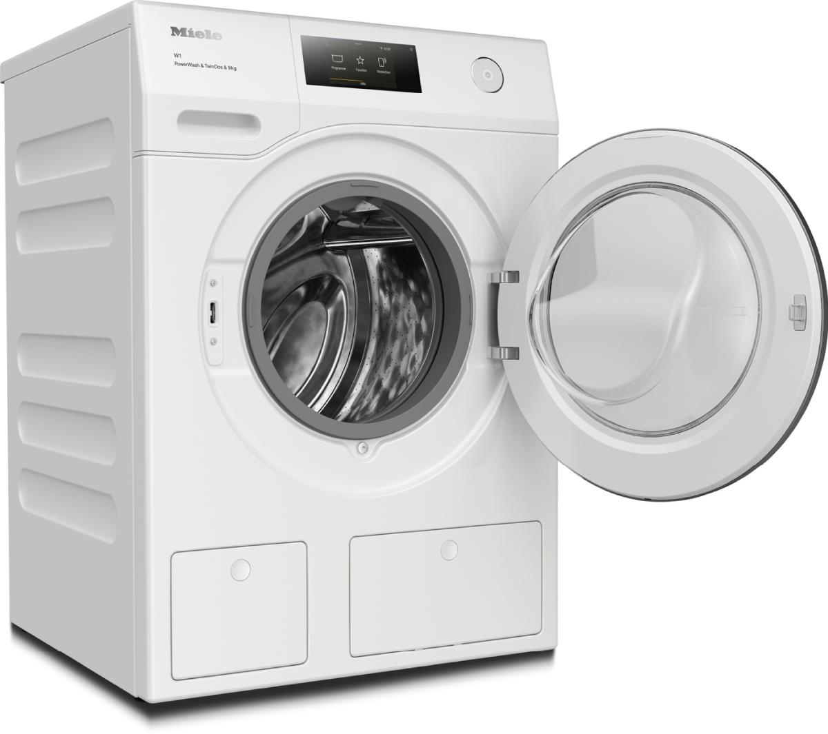 Weiße Miele Waschmaschine, offene Tür, mit sichtbarem Innenraum.