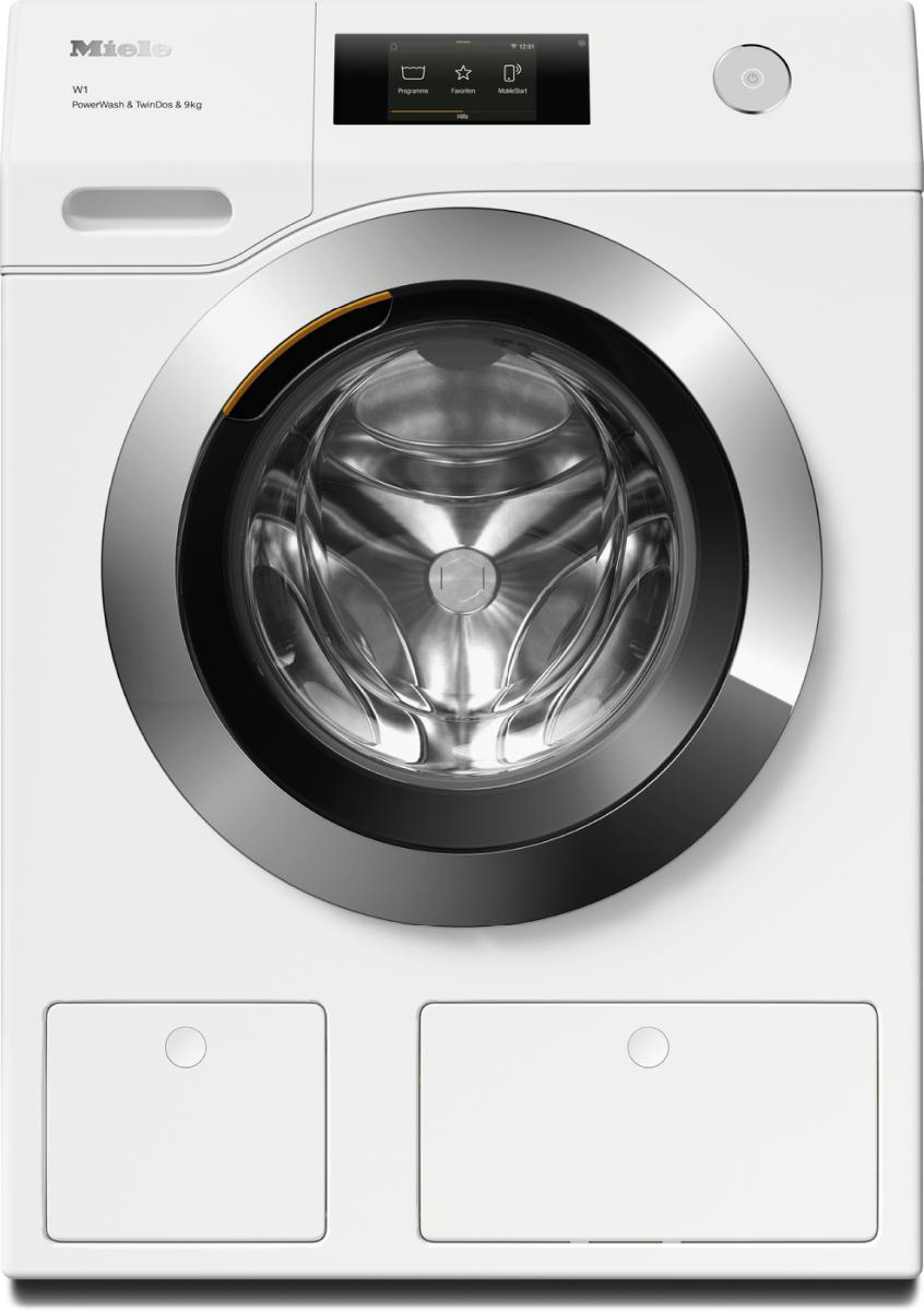 Weiße Miele Waschmaschine mit Edelstahltür.