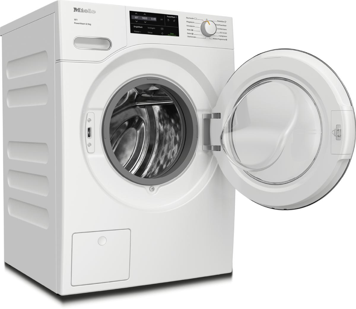 Eine weiße Waschmaschine mit offener Tür, die das Innere zeigt.