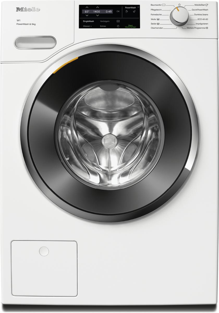 Weiße Waschmaschine mit dunkler Front und Digitalanzeige. Modernes Geräte-Design.