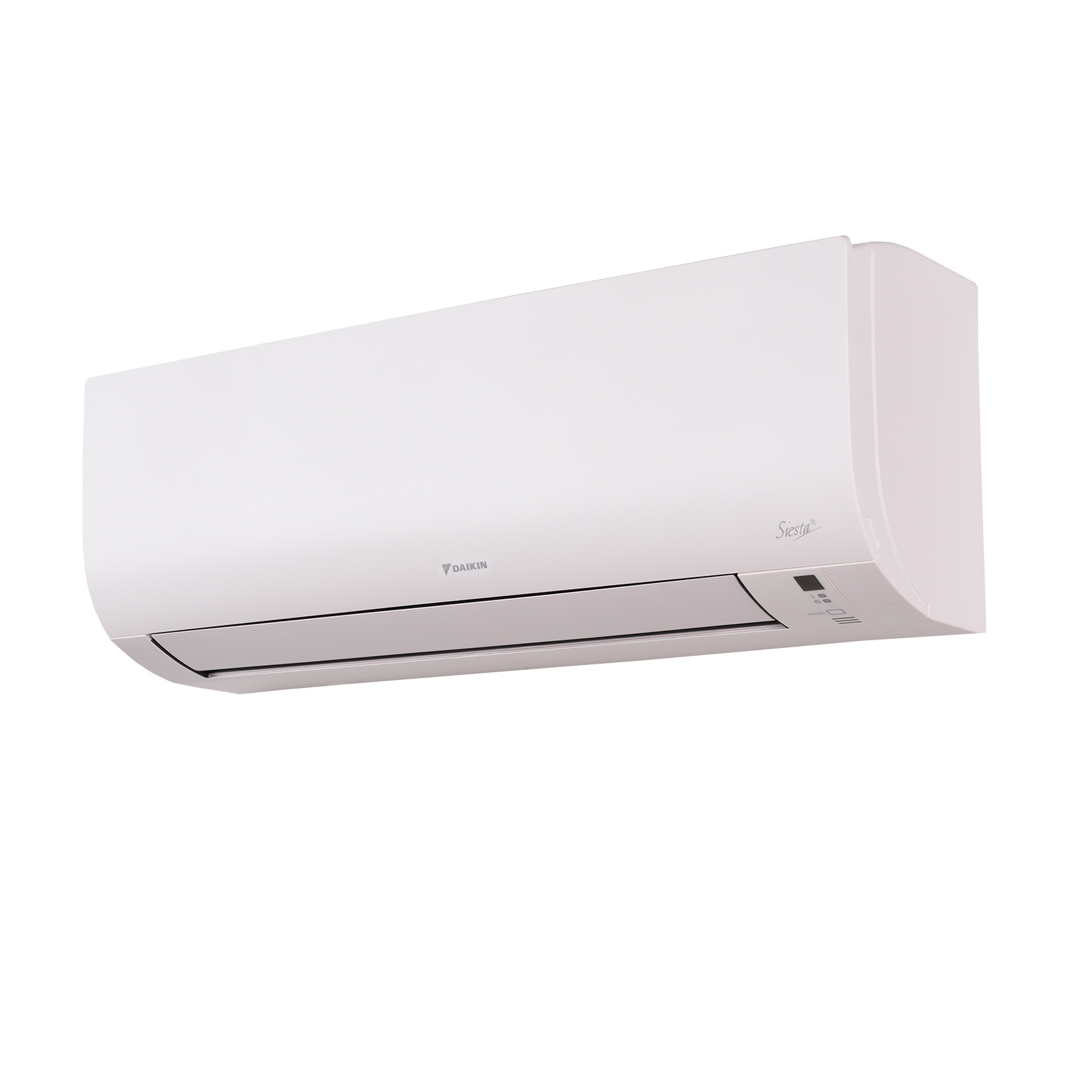Un condizionatore Daikin bianco montato su una parete bianca. È un design elegante e curvo.