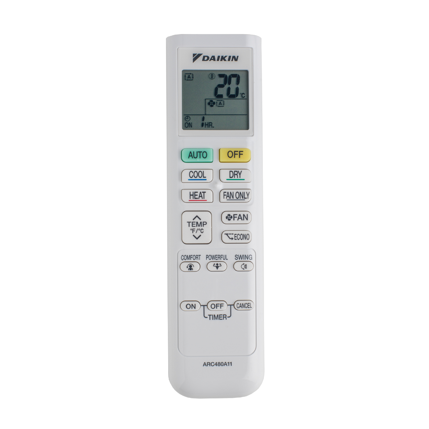 Telecomando Daikin bianco. Pulsanti per varie funzioni, con un display che mostra '20'.