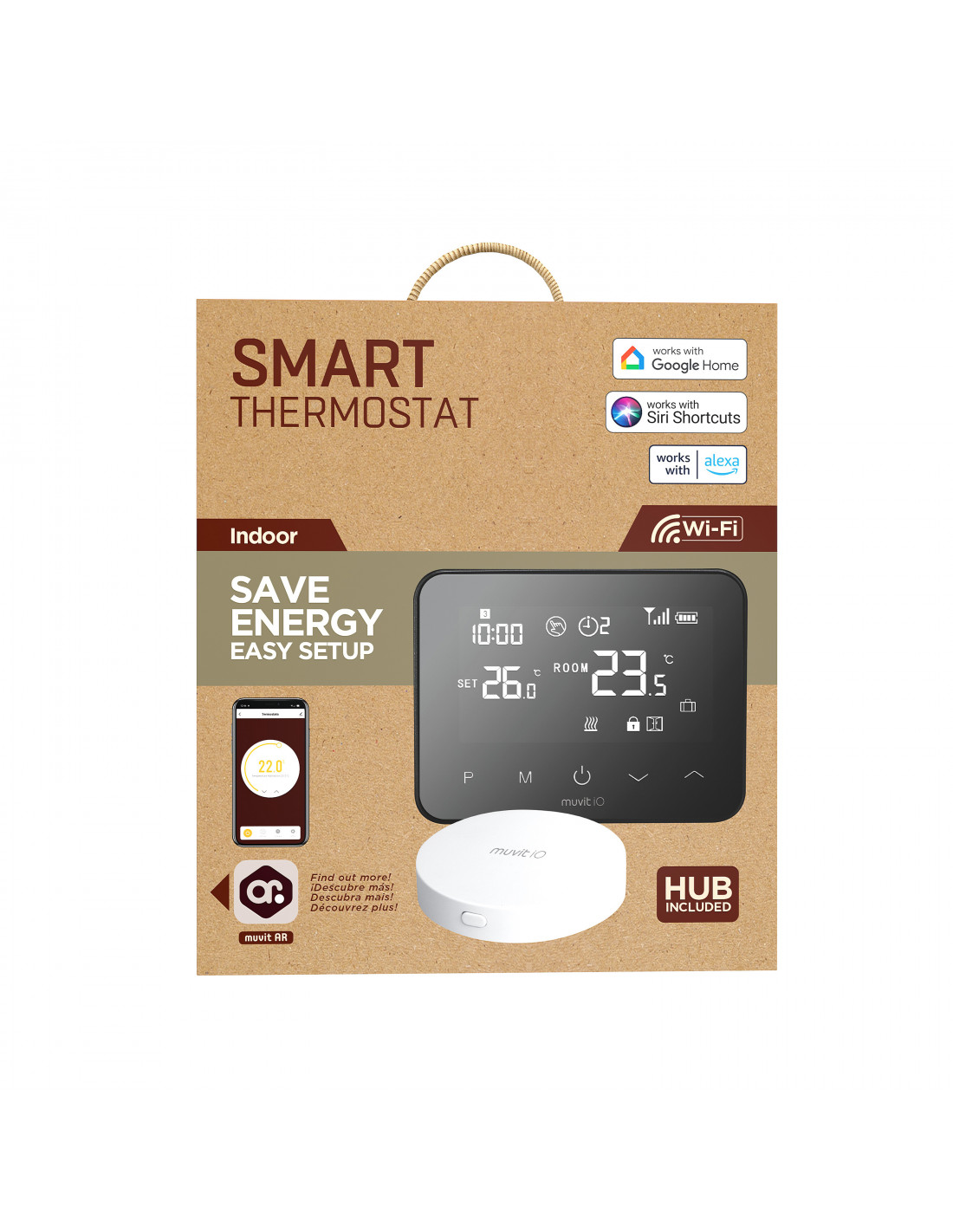 Caja de termostato inteligente con pantalla digital que muestra la temperatura. Incluye un concentrador y Wi-Fi.