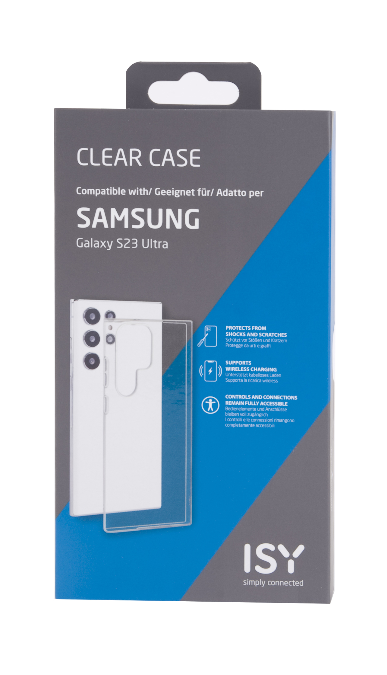Caja transparente para teléfono con imagen de teléfono. Texto: Clear Case. Compatible con Samsung Galaxy S23 Ultra.